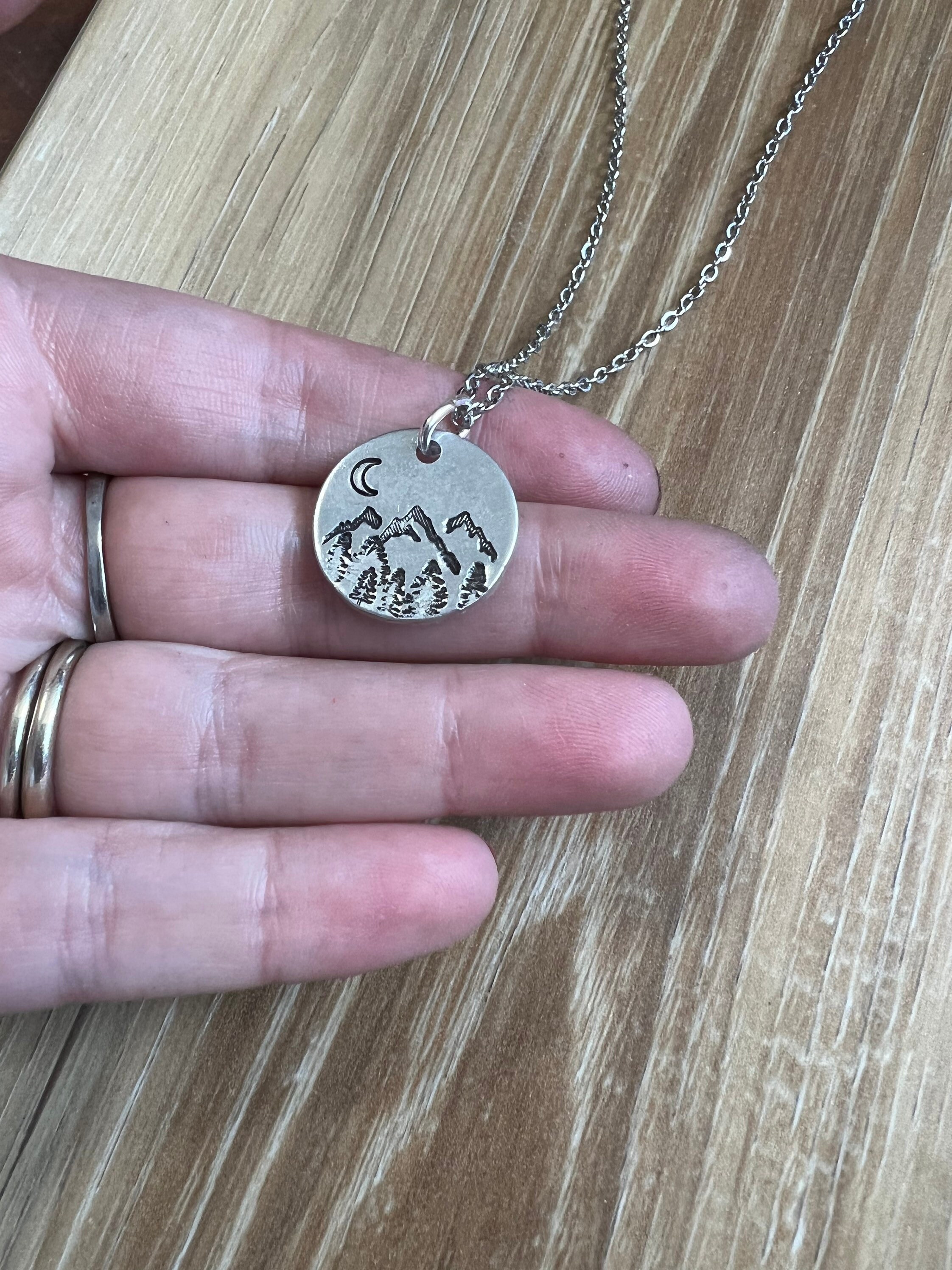Mountain and Moon Necklace- Hand Stamped Aluminum, Copper, or Brass Charm Necklace, view 2