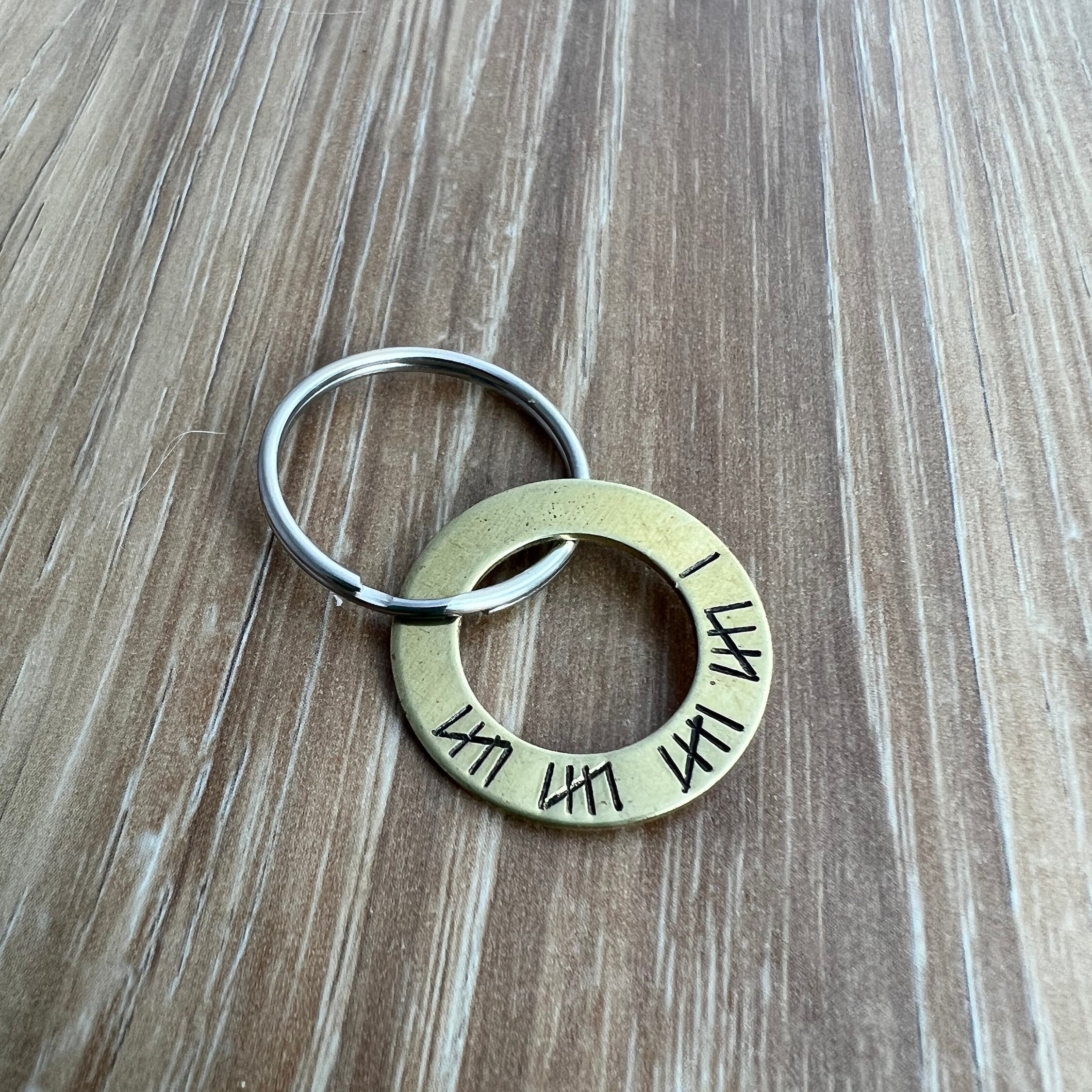 Tally Mark Keychain for 21 Year Anniversary- Hand Stamped Brass Washer Keychain 21st Anniversary Gift for Him, view 3