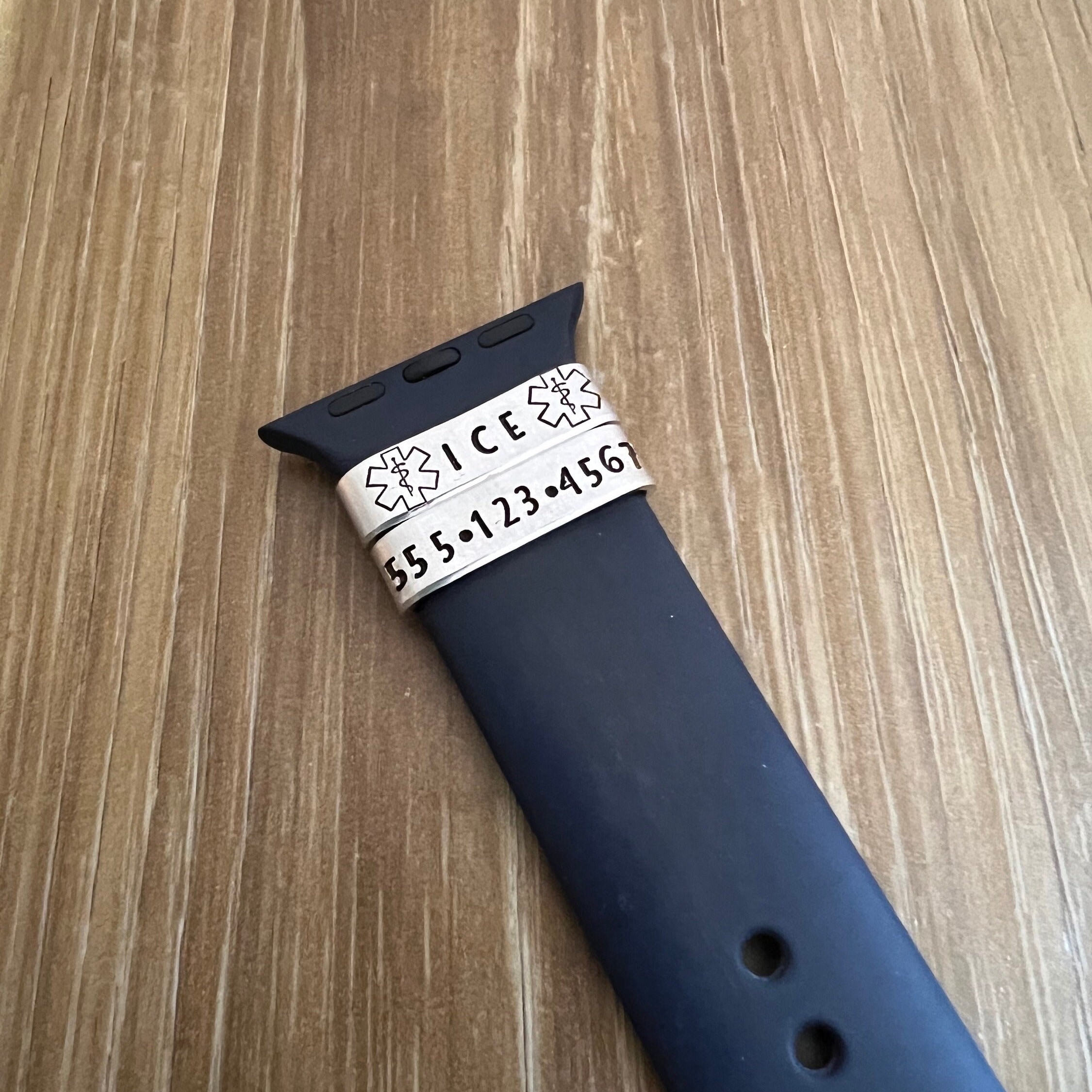 Hand Stamped Medical ID Watch Band Charm: Emergency Contact Tag, view 3