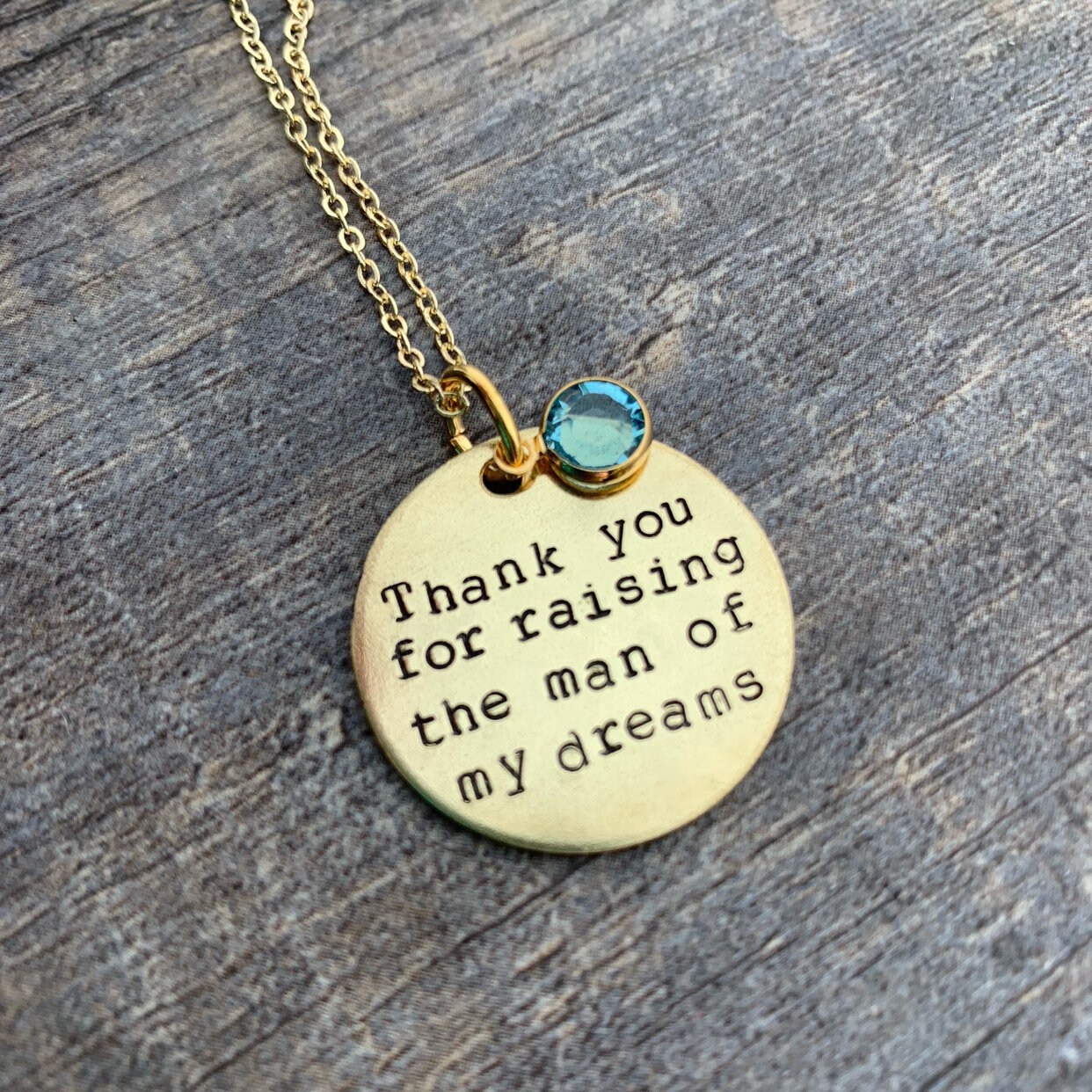 Hand Stamped Mother-in-Law Necklace: Crystal Charm, Aluminum or Brass, view 2