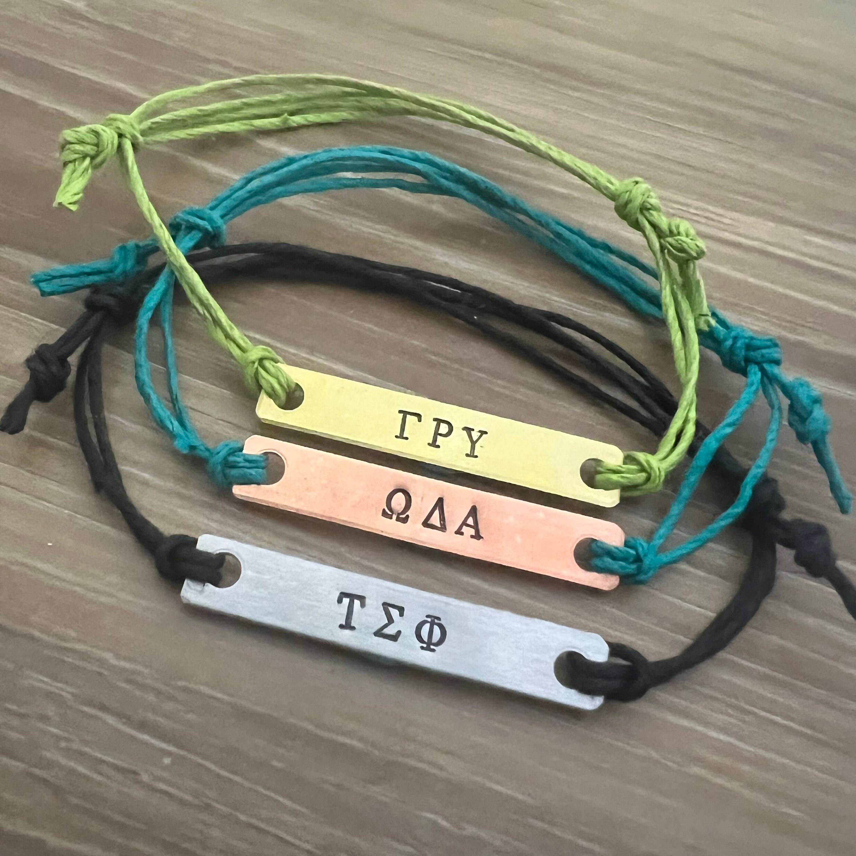 Custom Greek Sorority Hand Stamped Rectangle Charm Hemp Bracelet- (Pick your own Metal, Color), view 3