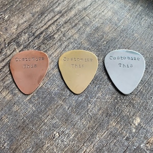 Custom Hand Stamped Brass, Aluminum, or Copper Guitar Pick- Pick Your Own Phrase and Font