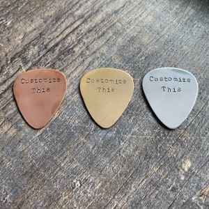 Custom Hand Stamped Brass, Aluminum, or Copper Guitar Pick- Pick Your Own Phrase and Font