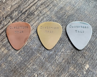 Custom Hand Stamped Brass, Aluminum, or Copper Guitar Pick- Pick Your Own Phrase and Font