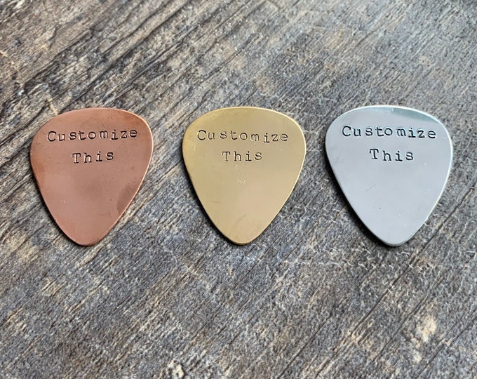 Custom Hand Stamped Guitar Pick: Personalized Brass, Aluminum, or Copper