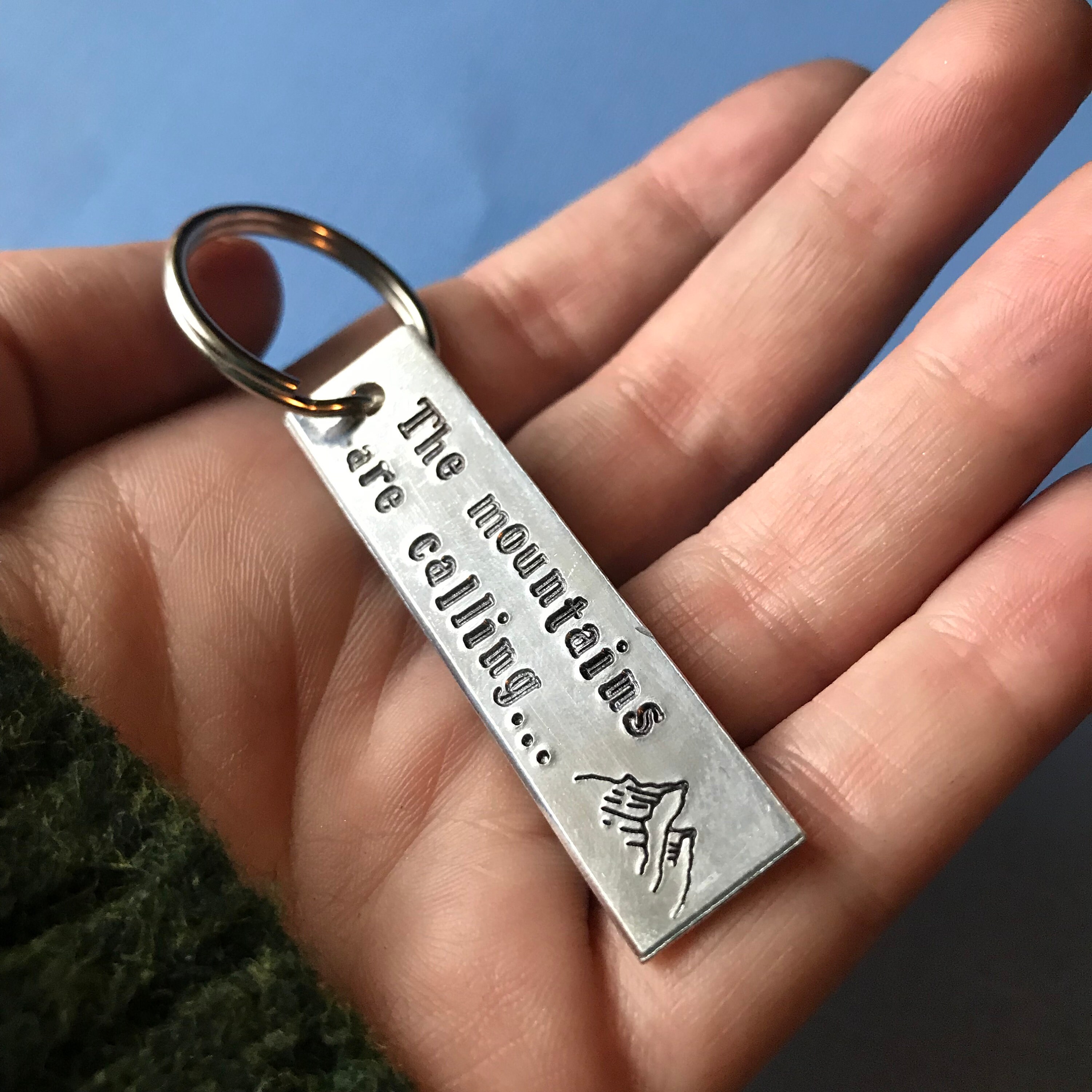 The Mountains Are Calling- Hand Stamped Aluminum Keychain, view 4