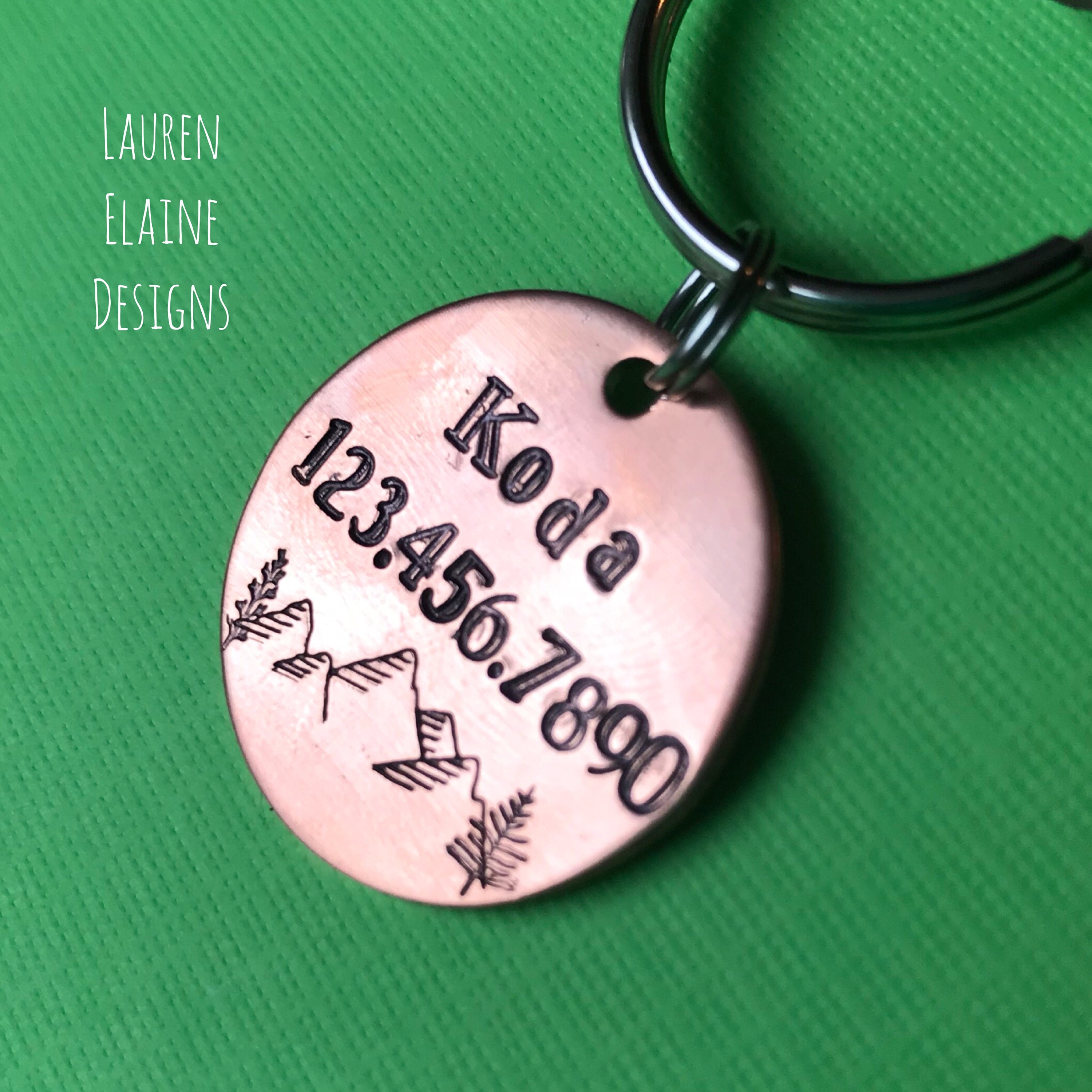 Hand Stamped Pet ID Tag: Mountains and Forest, Custom Aluminum Brass Copper, view 2