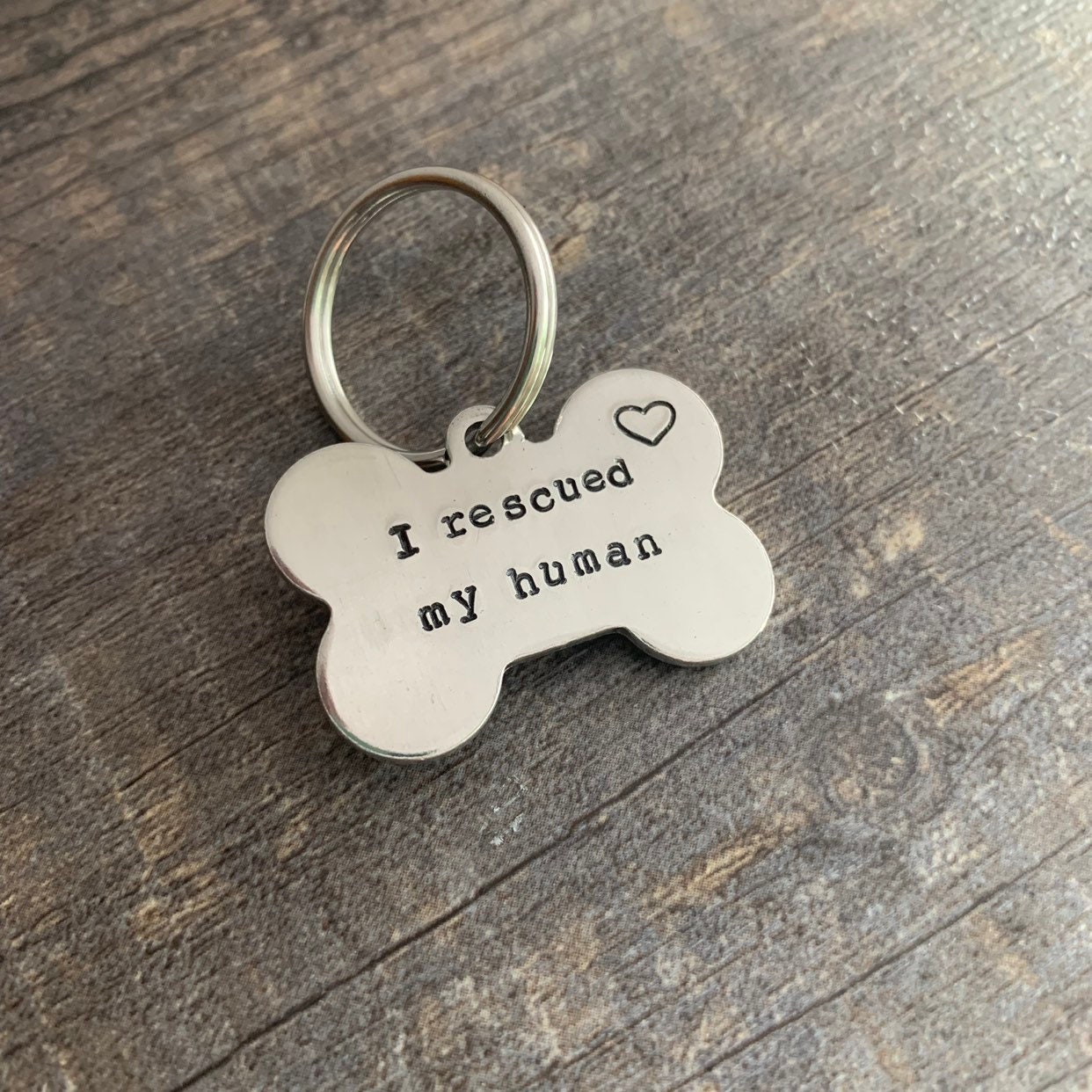 Custom Hand Stamped Pet ID Tag: "I Rescued My Human" Aluminum Dog Tag