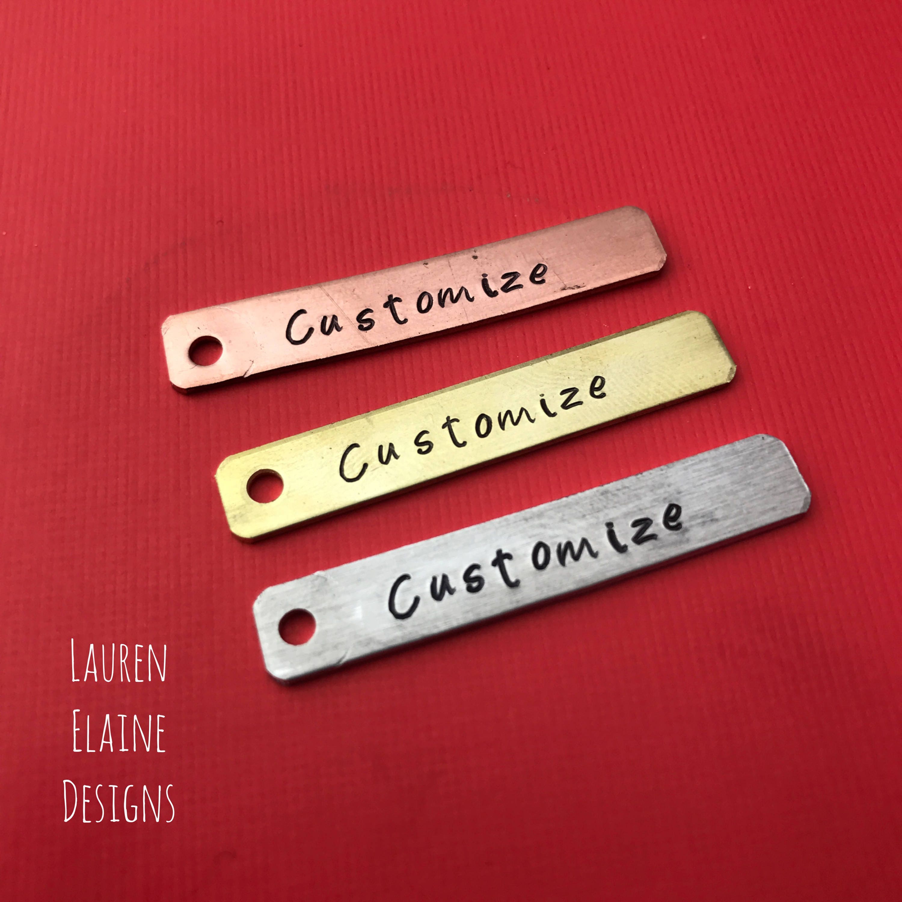 Hand Stamped Rectangle Charm: Custom Aluminum, Brass, or Copper Tag (1 1/2" x 1/4"), view 2