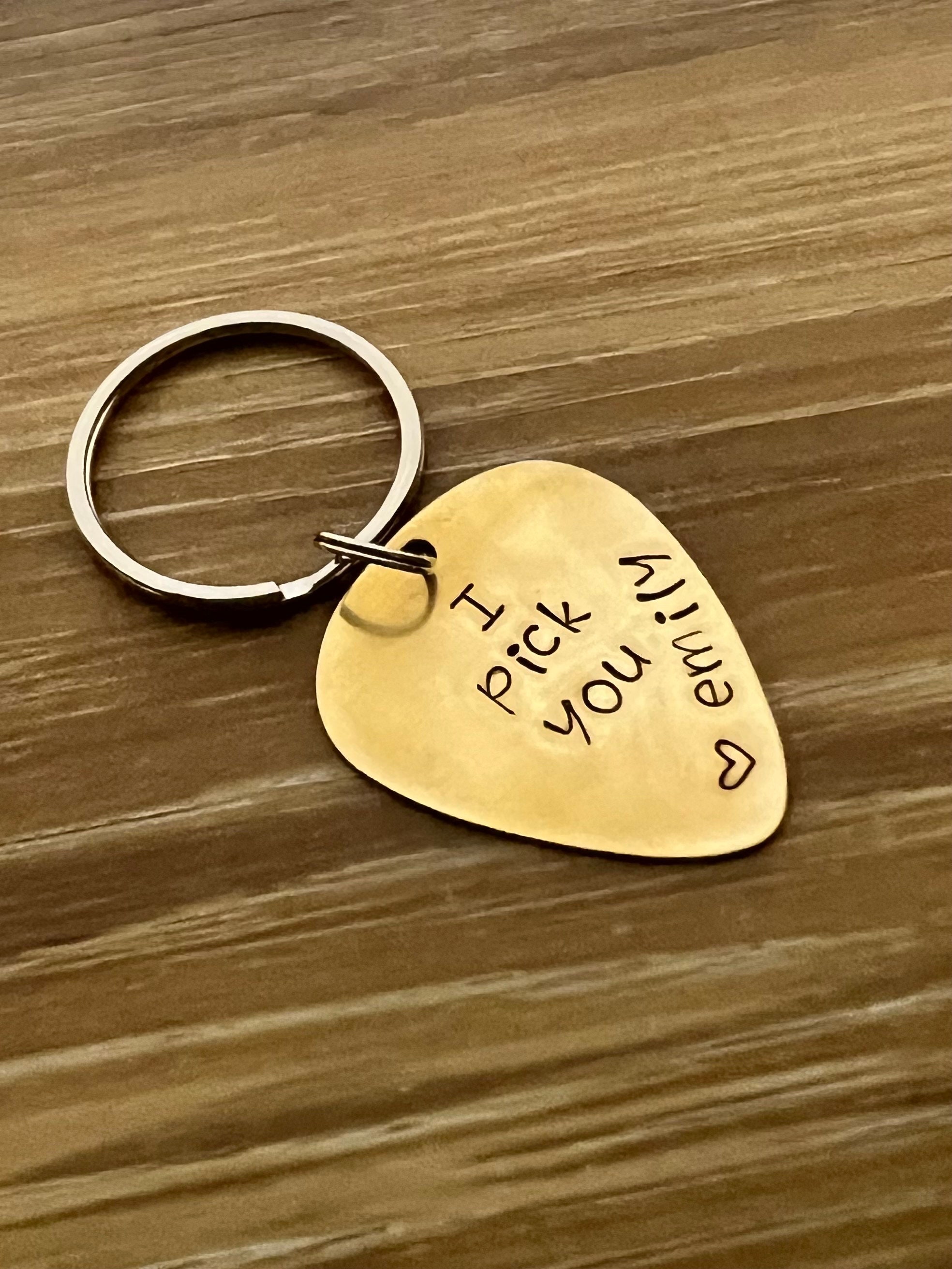 Hand Stamped Guitar Pick Keychain: Custom Name, Brass Copper Aluminum, view 3