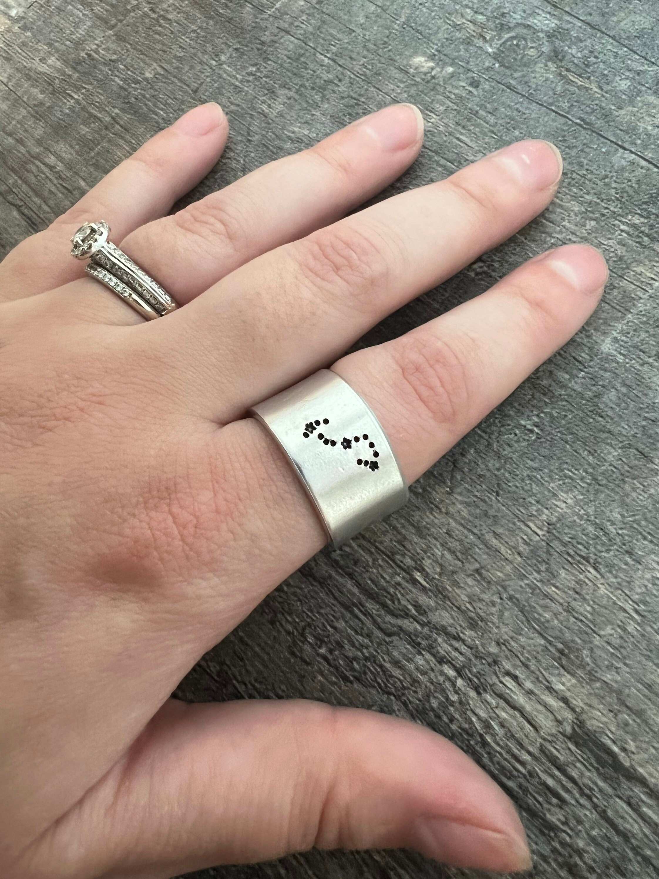 Hand Stamped Zodiac Constellation Ring - Aluminum Wide Band, view 3