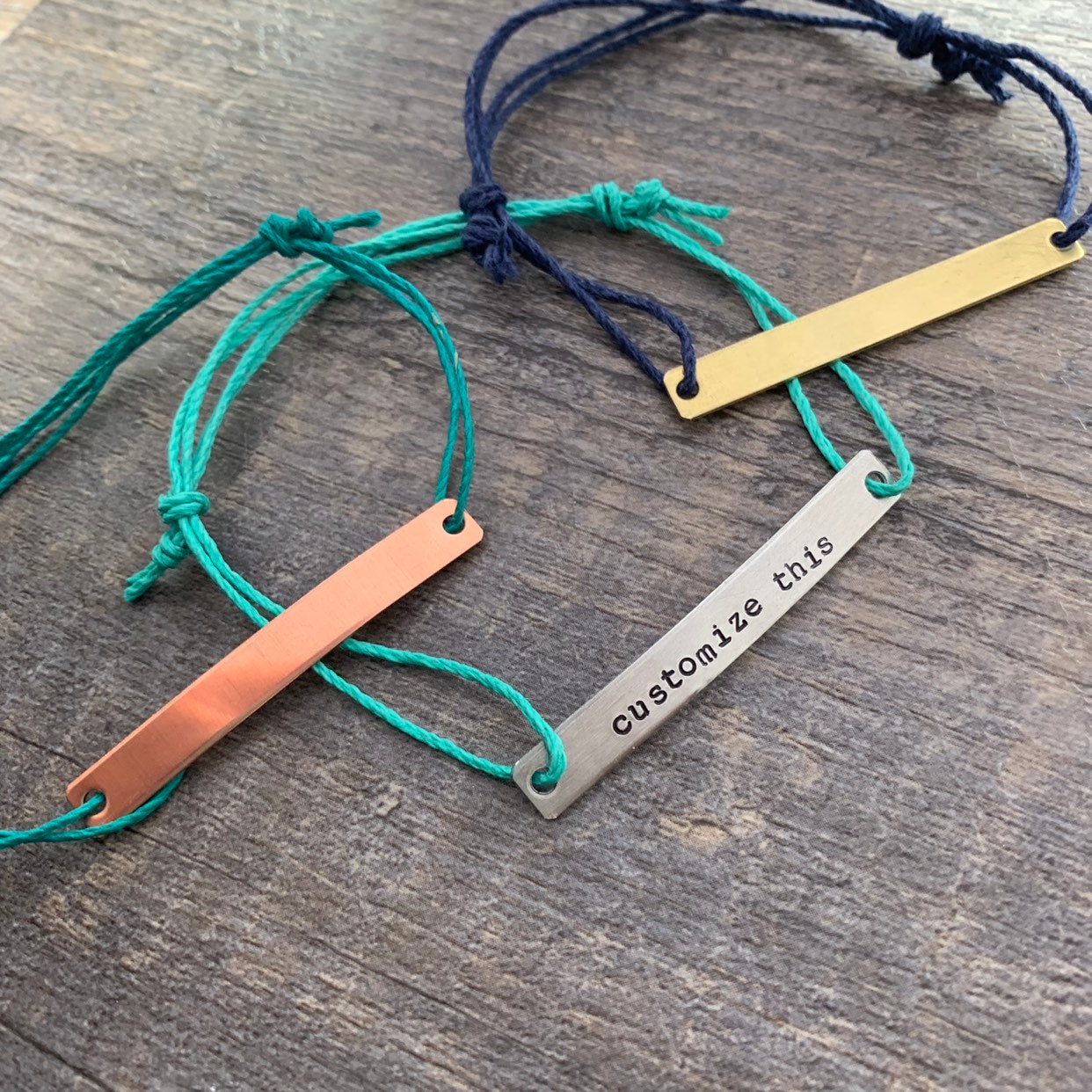 Custom Hand Stamped Rectangle Charm Hemp Bracelet- (Pick your own Metal, Color, and Phrase), view 2