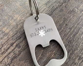 Dog ID Bottle Opener Tag- Custom Hand Stamped Steel Dog Tag