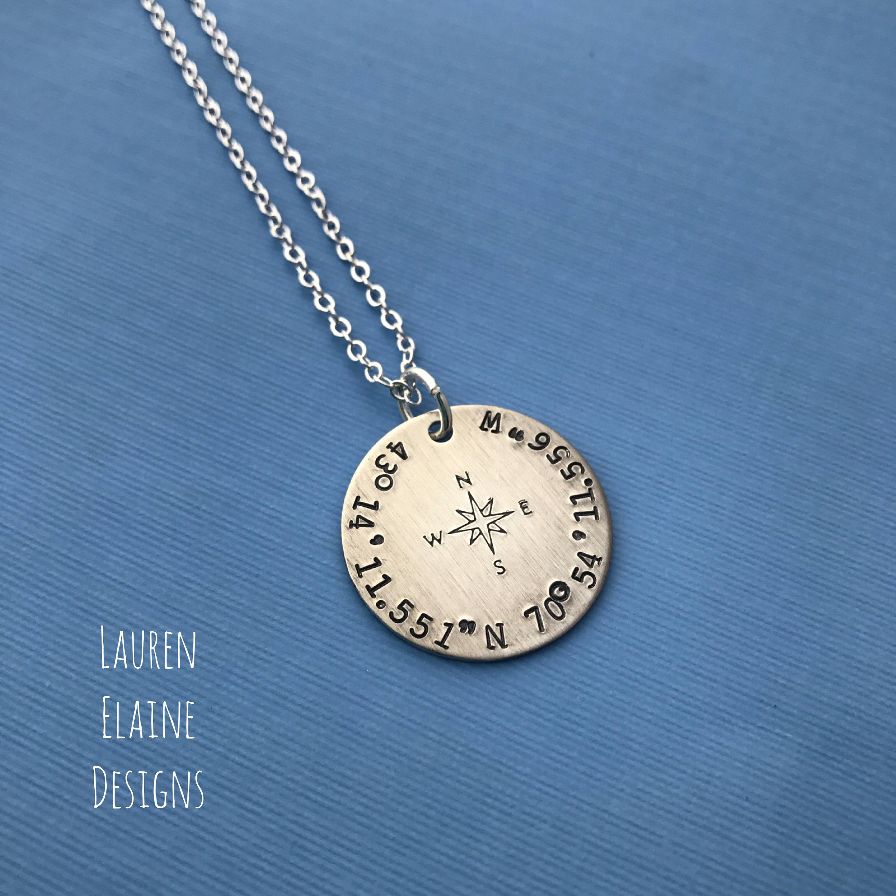 Custom Latitude Longitude Necklace With Compass Rose- Hand Stamped 1 inch Circle Necklace-, view 2