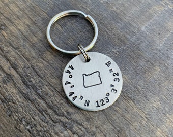 Custom State Coordinates Keychain- Hand Stamped Latitude Longitude Keychain