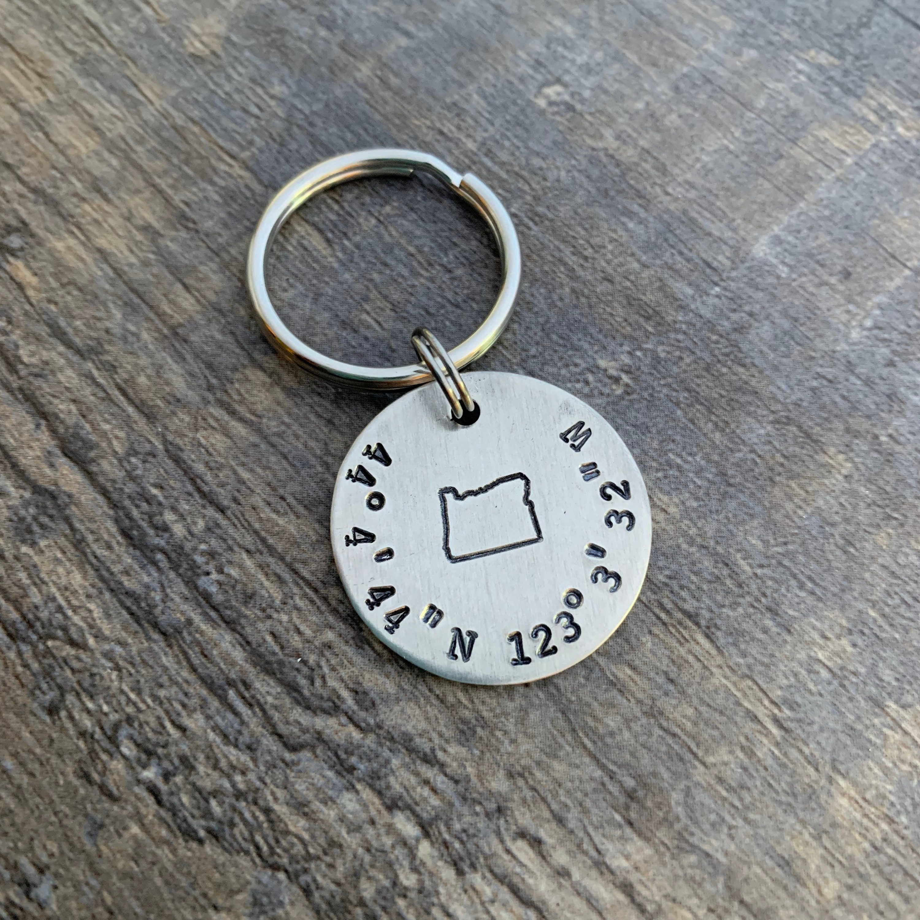 Custom State Coordinates Keychain- Hand Stamped Latitude Longitude Keychain