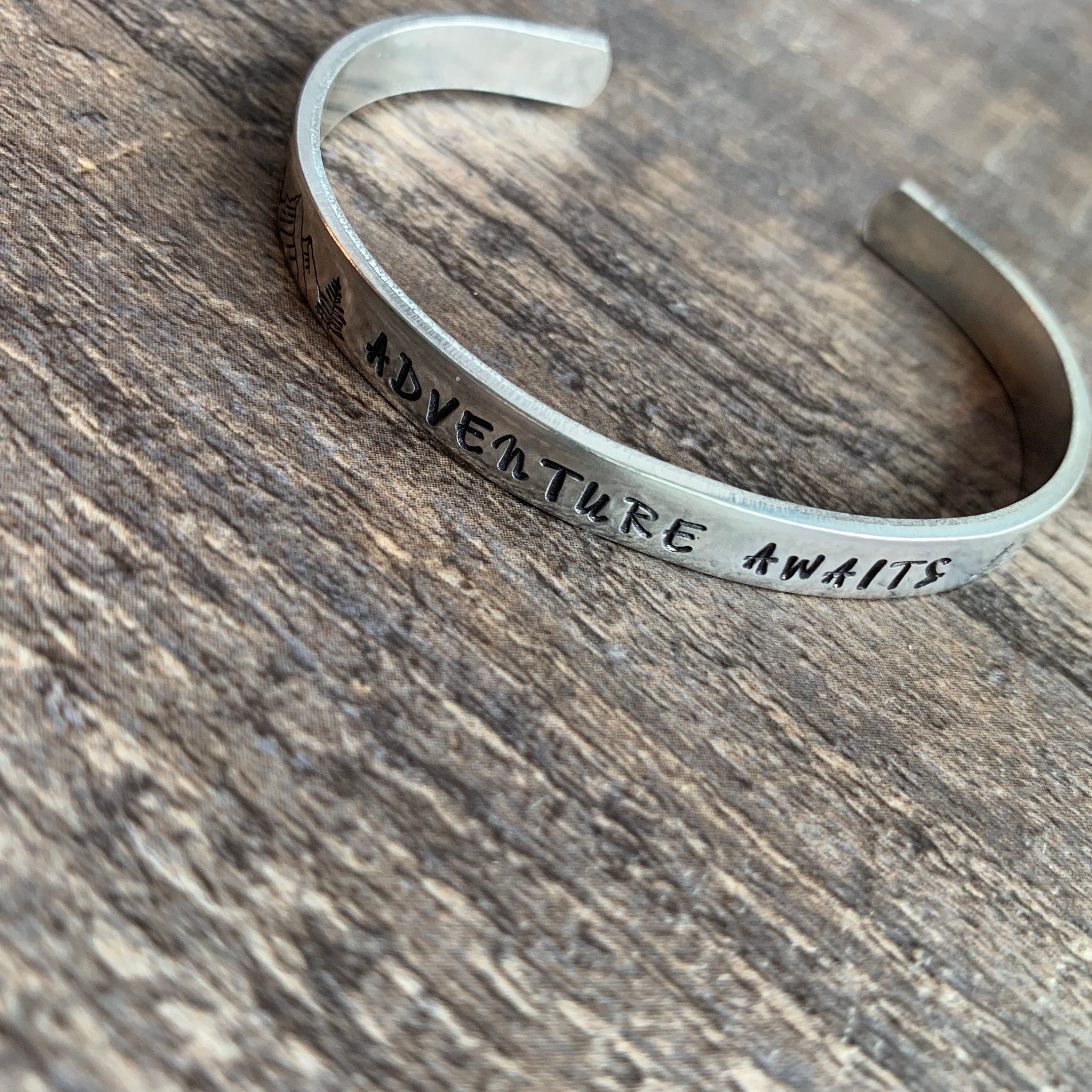 Adventure Awaits- Hand Stamped Cuff Bracelet- Aluminum, Copper, Brass, or Sterling Silver, view 4