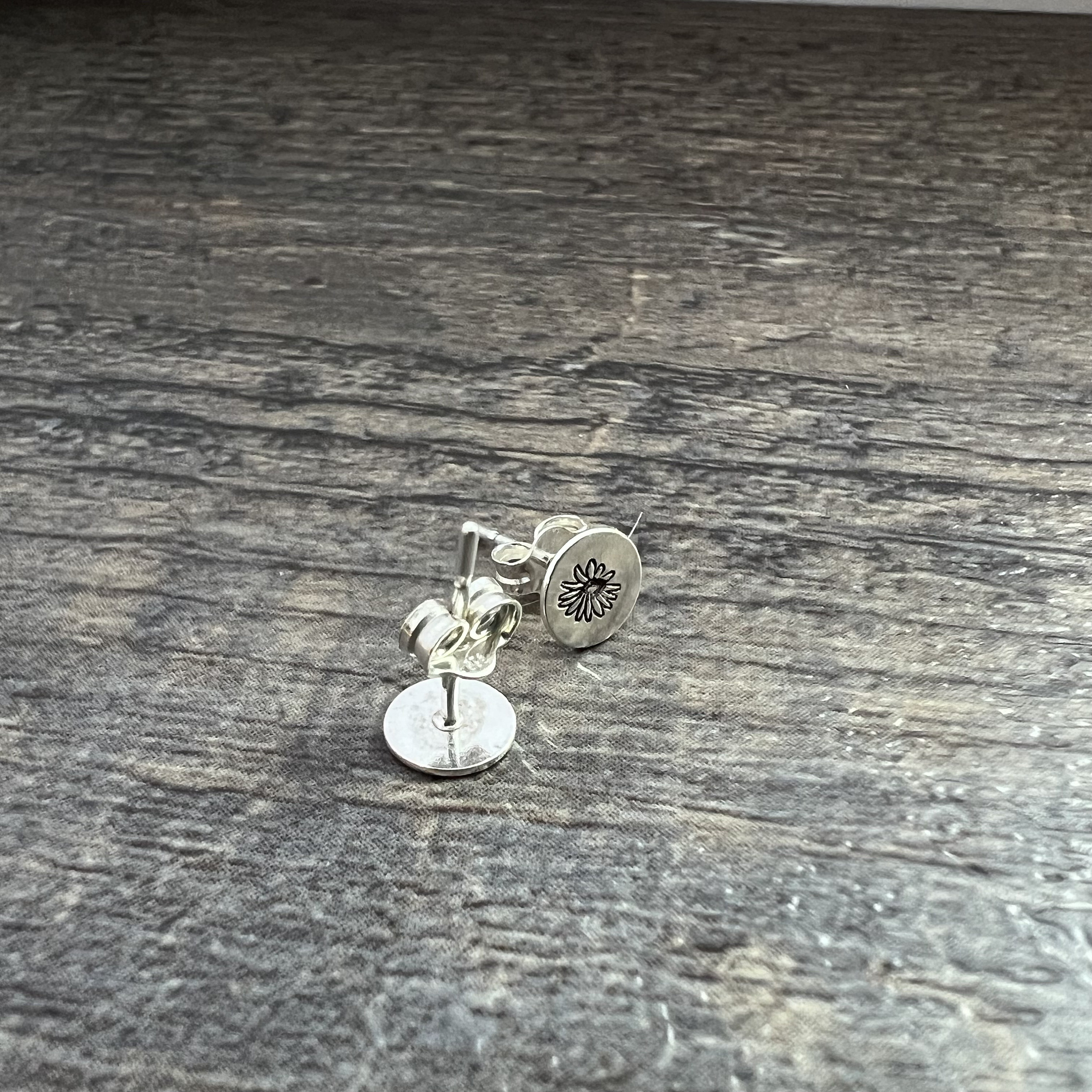 Sterling Silver Birth Flower Stud Earrings - Hand Stamped Gift, view 2