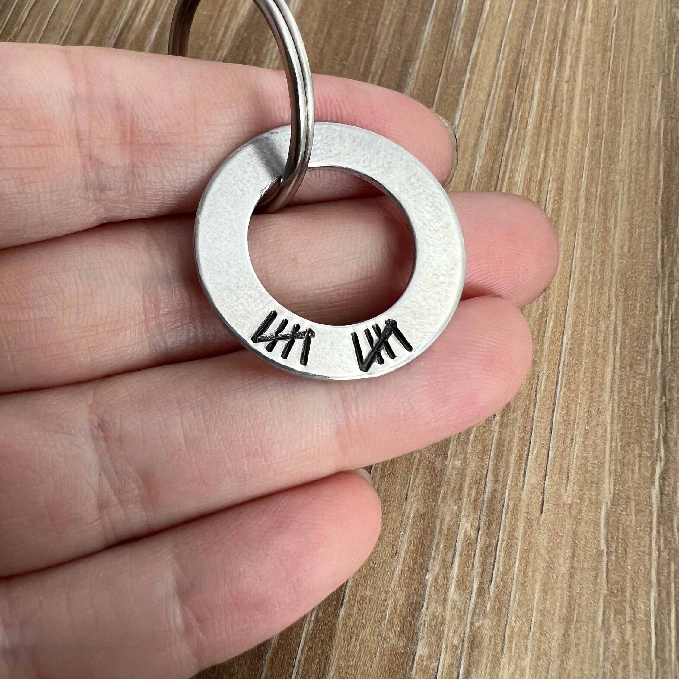 Tally Mark Keychain for 10 Year Anniversary- Hand Stamped Aluminum Washer Keychain 10th Anniversary Gift for Him, view 3