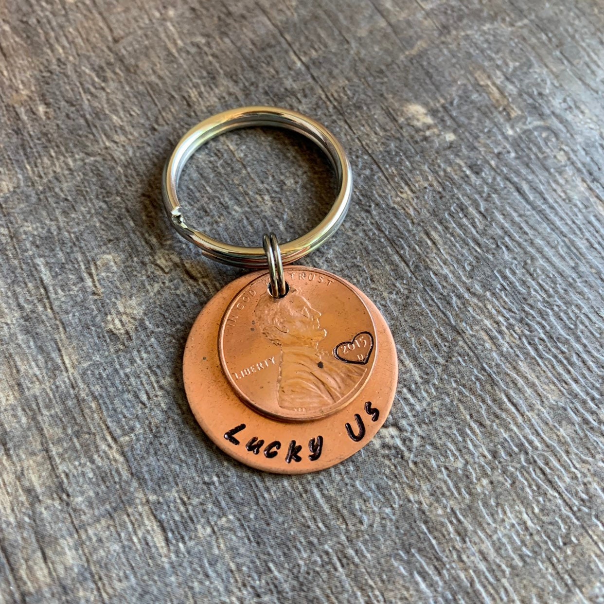 Lucky Us Penny Keychain- Anniversary Wedding Couples Gift- Hand Stamped Copper Circle Charm With Penny- You Choose the Year of the Penny