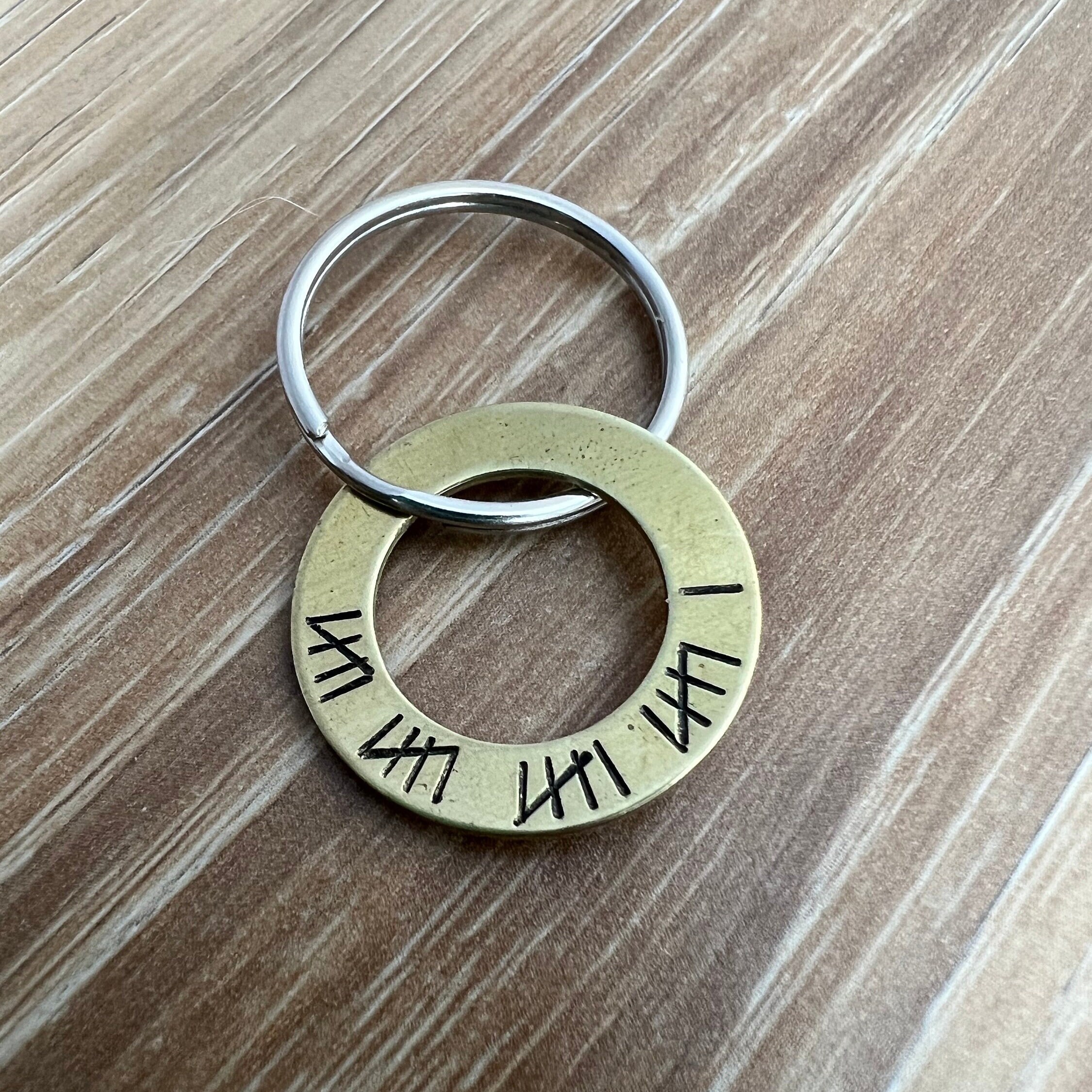 Tally Mark Keychain for 21 Year Anniversary- Hand Stamped Brass Washer Keychain 21st Anniversary Gift for Him, view 2