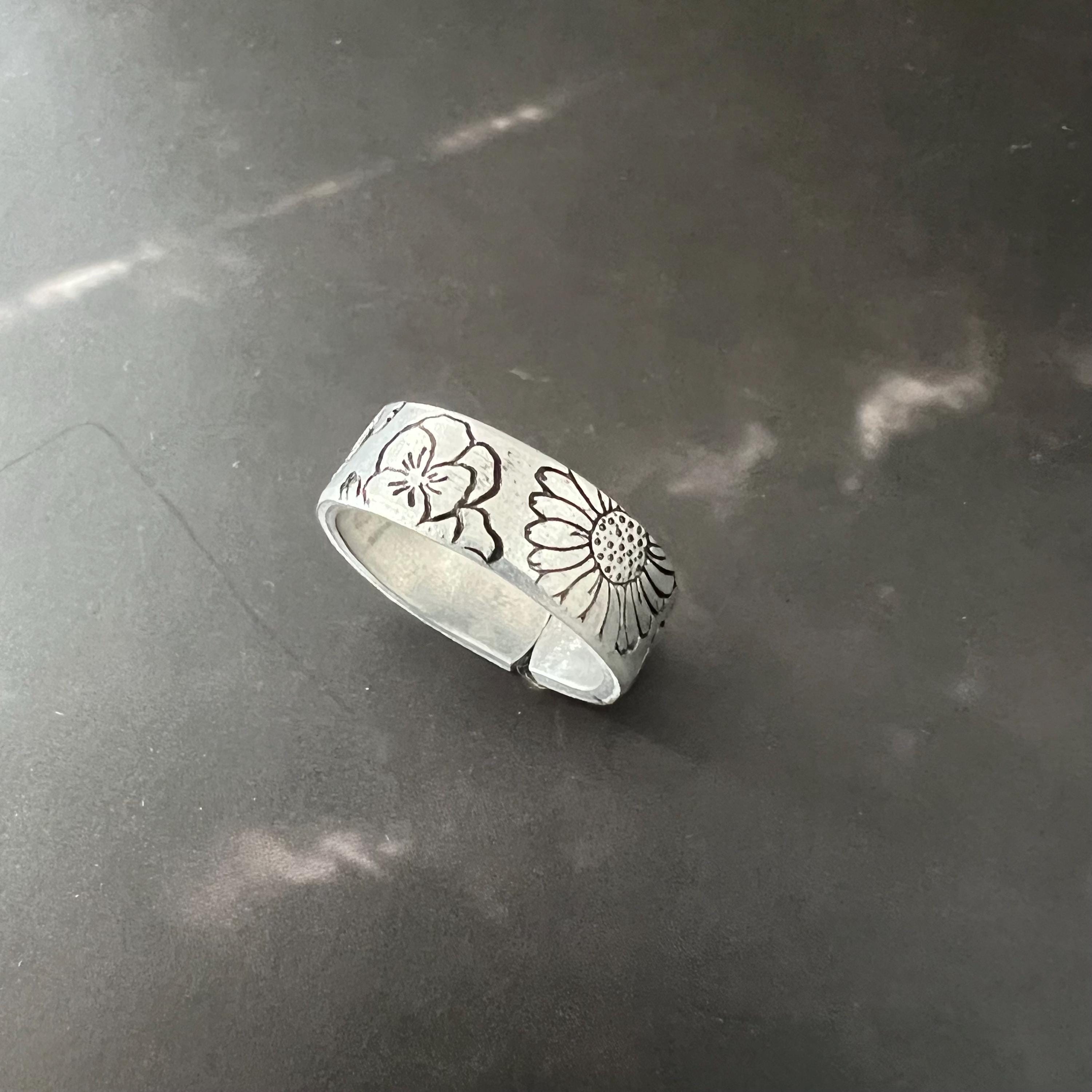 Hand Stamped Aluminum Birth Flower Ring: Wildflower Jewelry, view 5