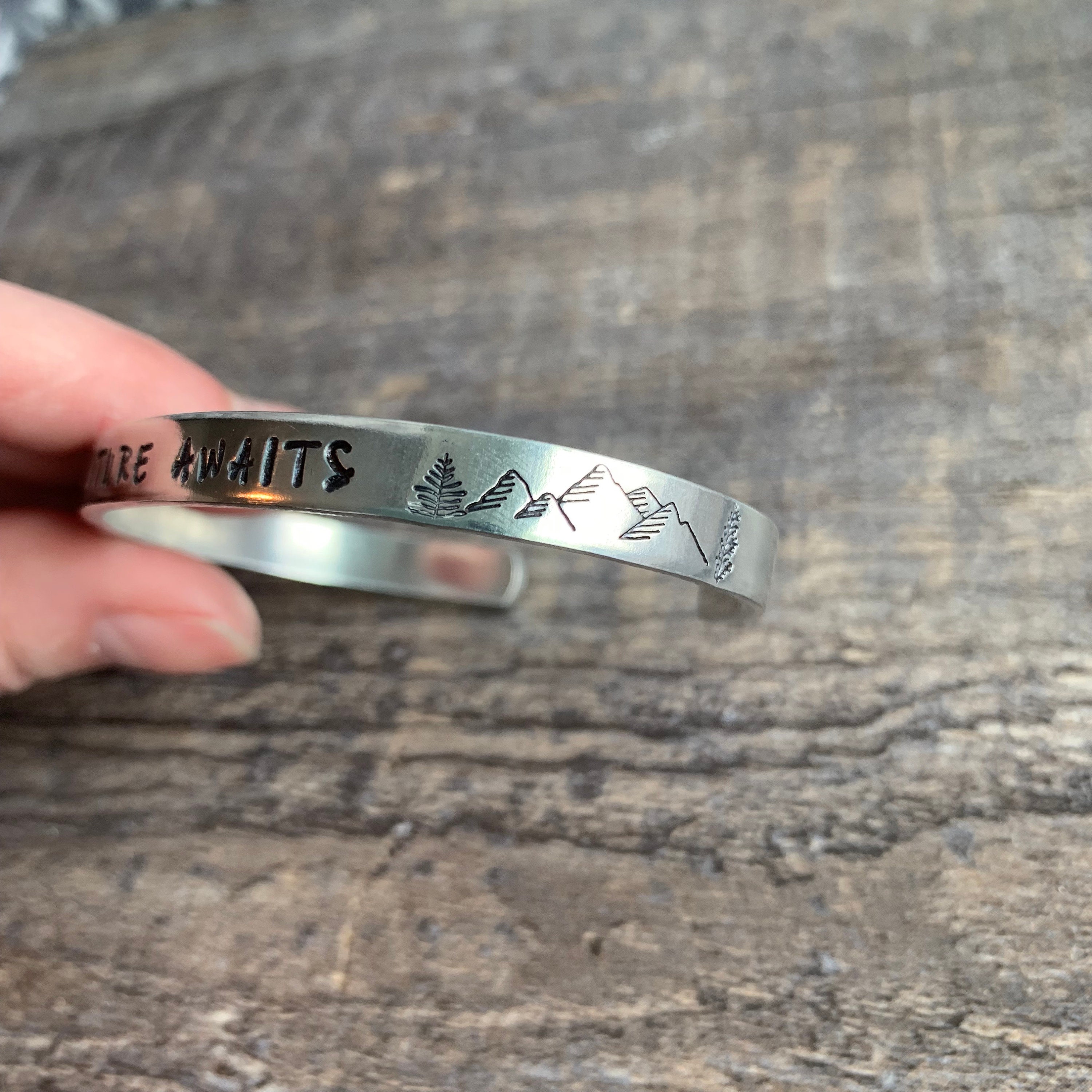 Adventure Awaits- Hand Stamped Cuff Bracelet- Aluminum, Copper, Brass, or Sterling Silver, view 2