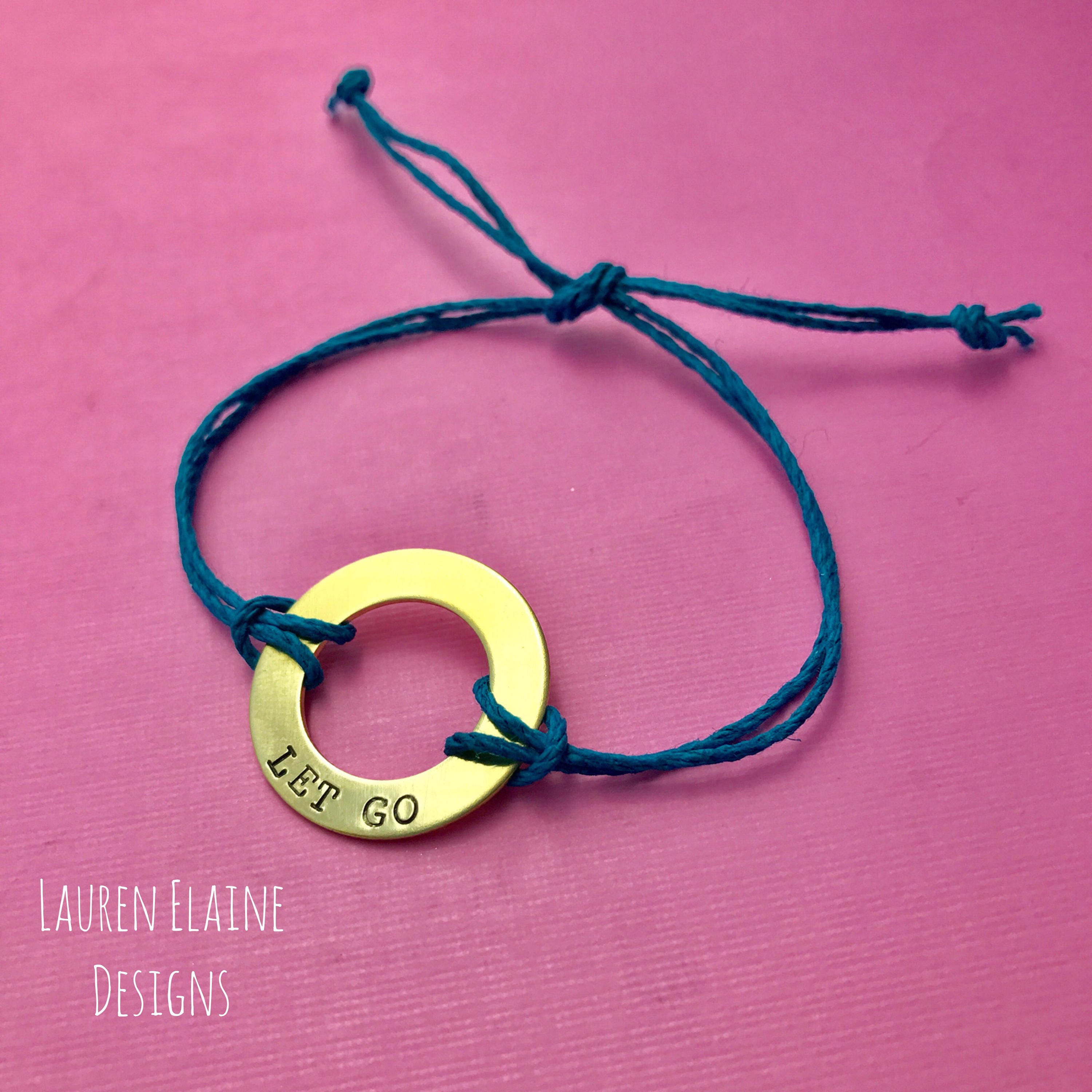 Custom Hand Stamped Brass Washer Hemp Bracelet- Choose Color and Font, view 3