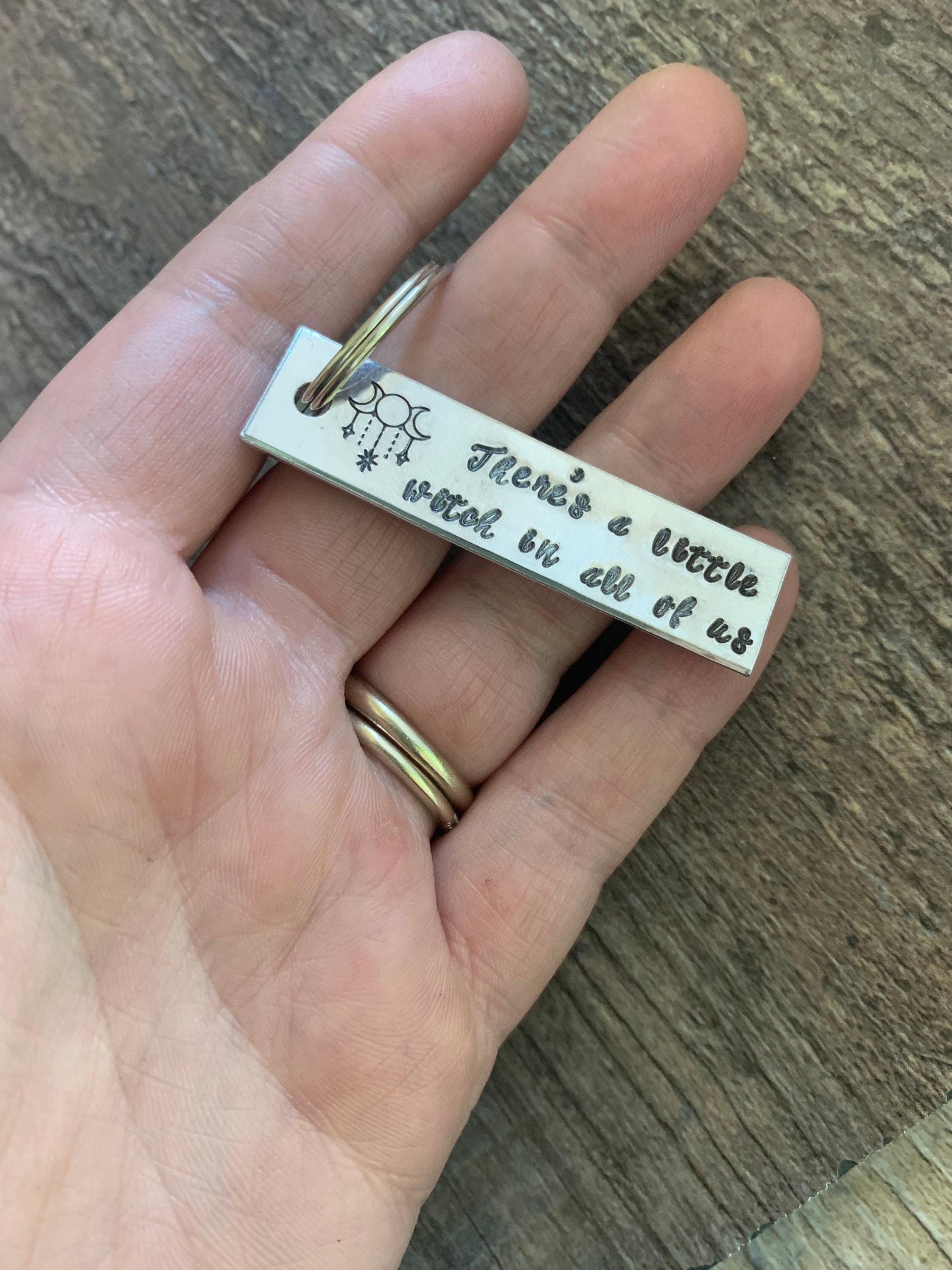 There’s a Little Witch in All of Us- Hand Stamped Aluminum Keychain, Witch, Halloween, Moon Phase, view 3