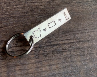 Long Distance Three State Keychain- Hand Stamped Keychain