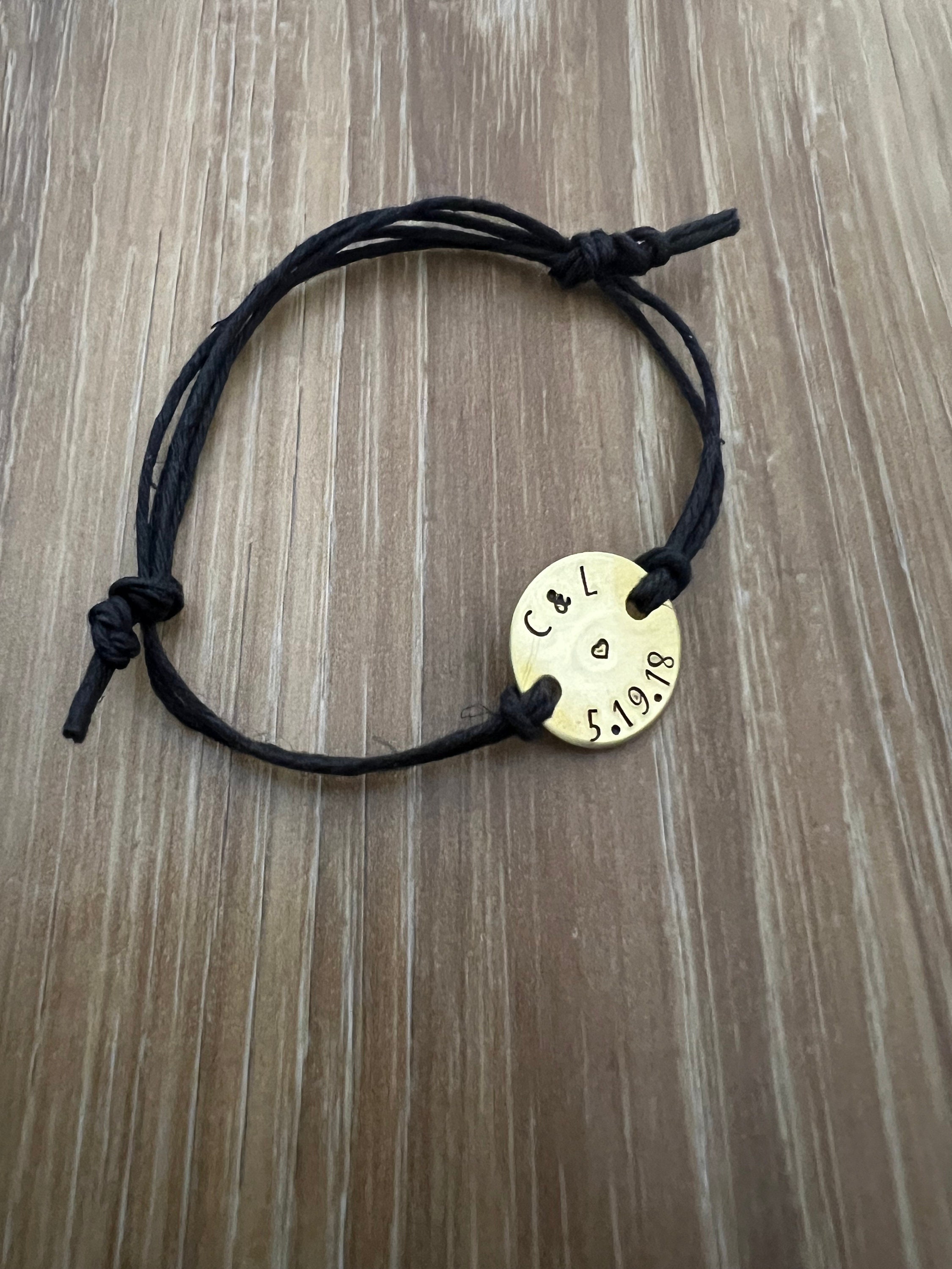 Personalized Anniversary Brass Disc Charm Hemp Bracelet (Pick your Phrase, Font, and Color), view 3