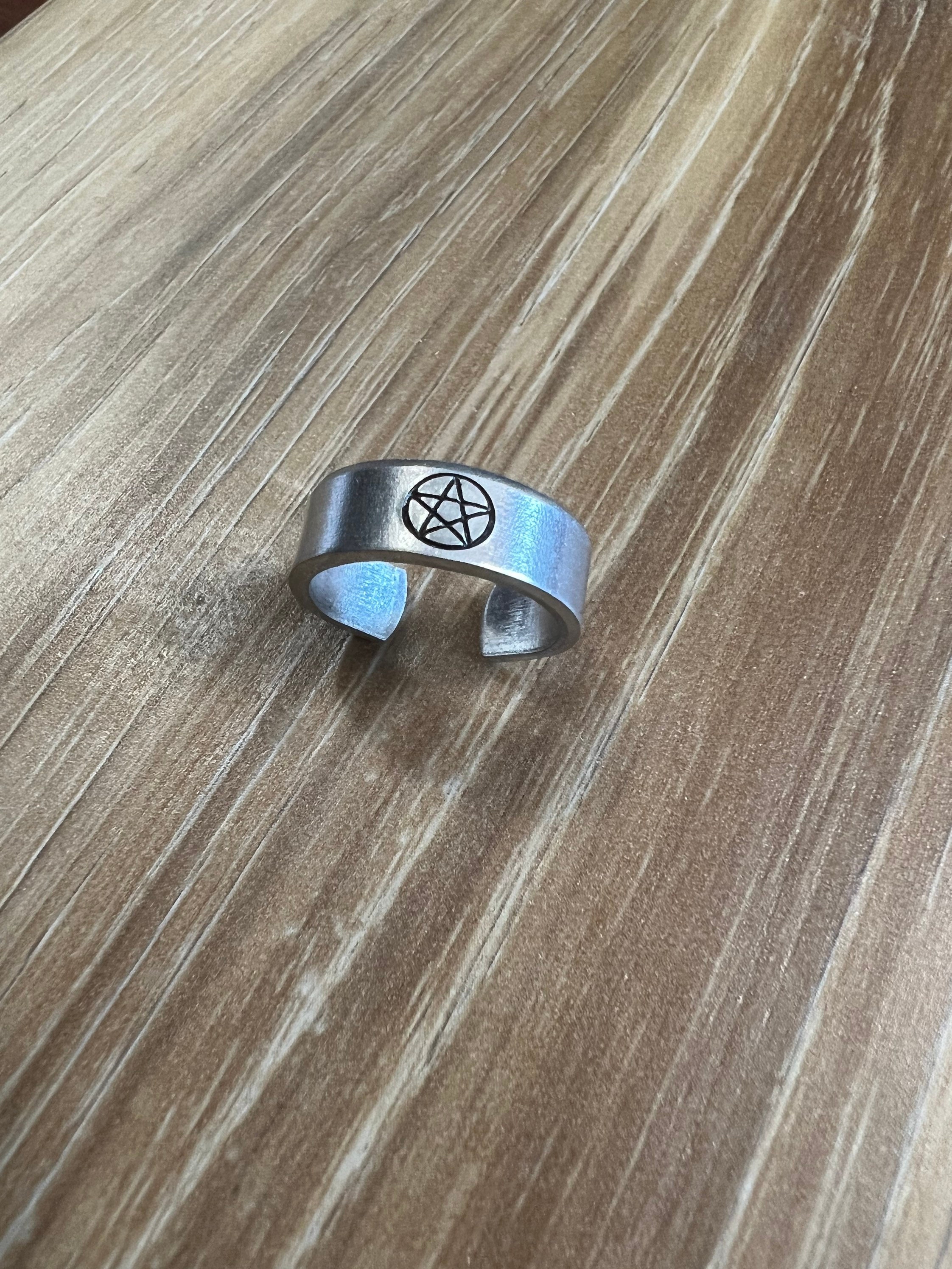 Pentacle / Pentagram Ring- Hand Stamped Aluminum Ring, view 2