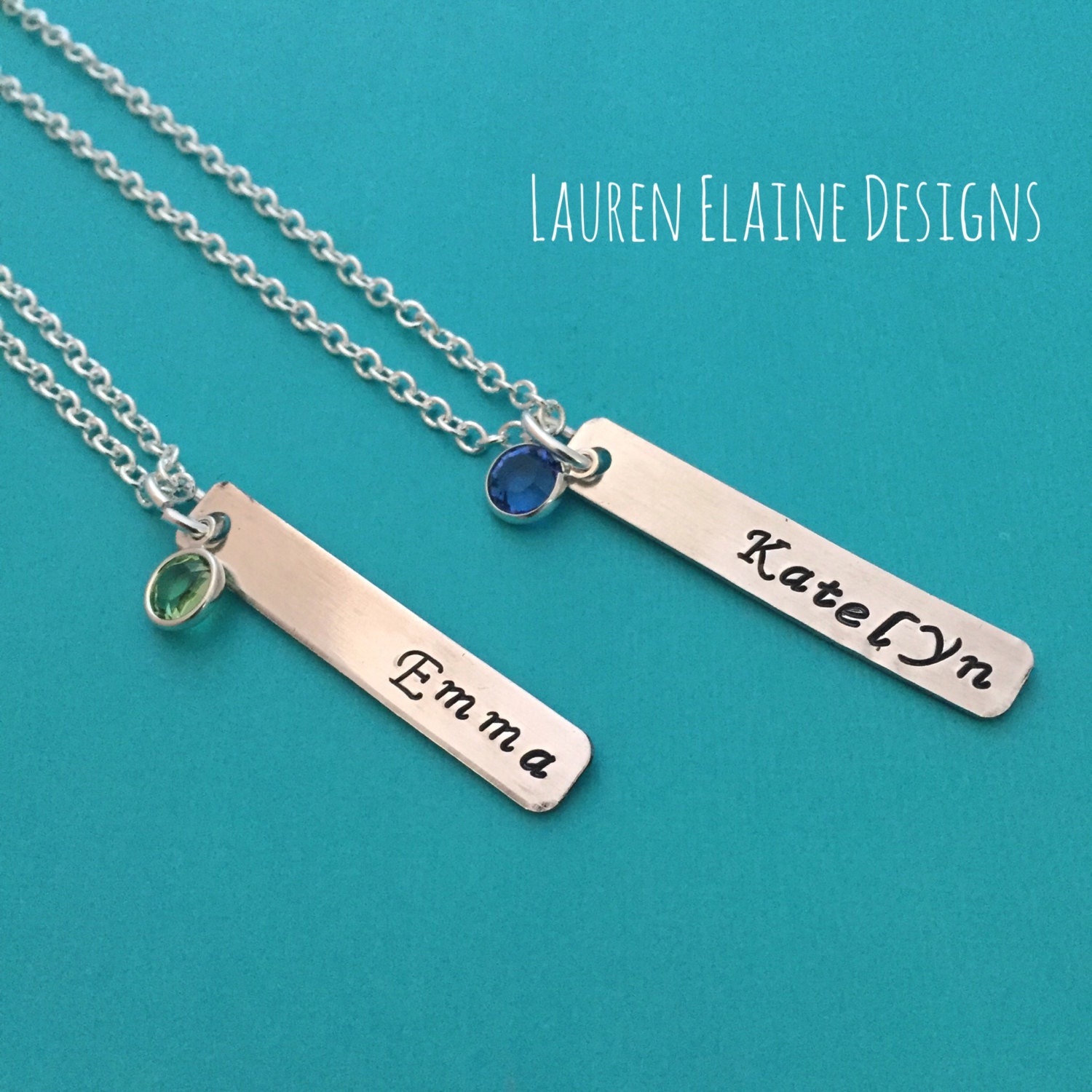 Custom Hand Stamped Bar Necklace: Swarovski Birthstone, Personalized Name, view 2
