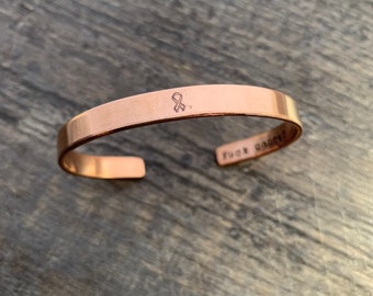 F- Cancer Hidden Message- Hand Stamped Cuff Awareness Ribbon Bracelet