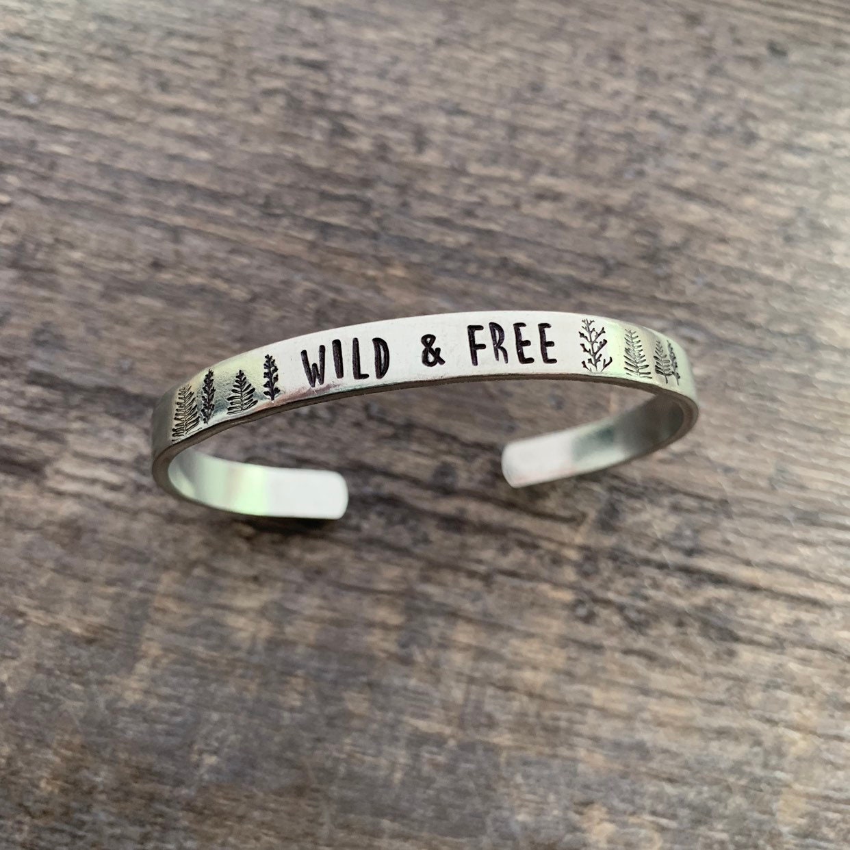 Wild and Free- Hand Stamped Cuff Bracelet- Aluminum, Copper, Brass, or Sterling Silver