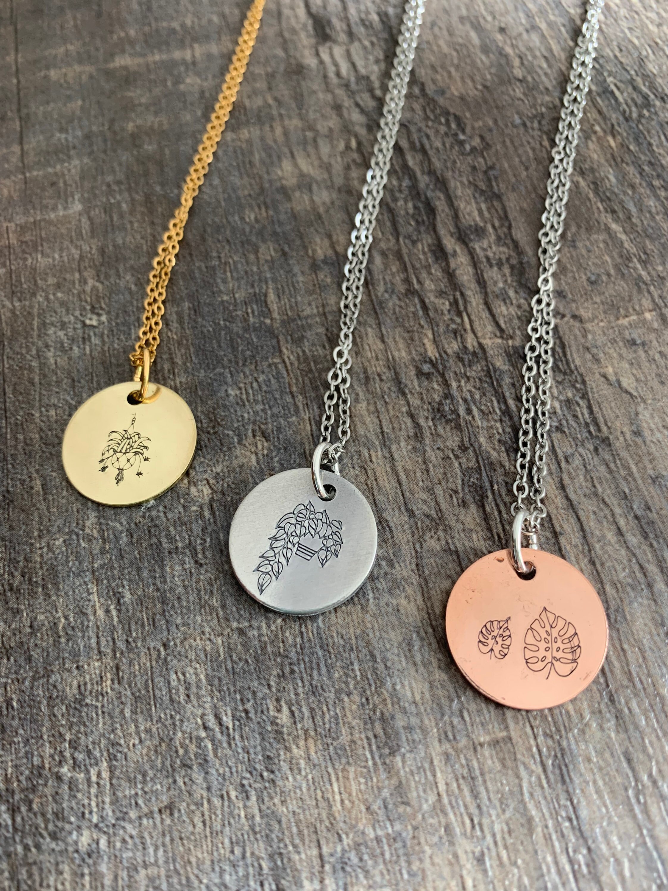 Hand Stamped Plant Necklace: Pothos, Monstera, Spider Plant Charm, view 2