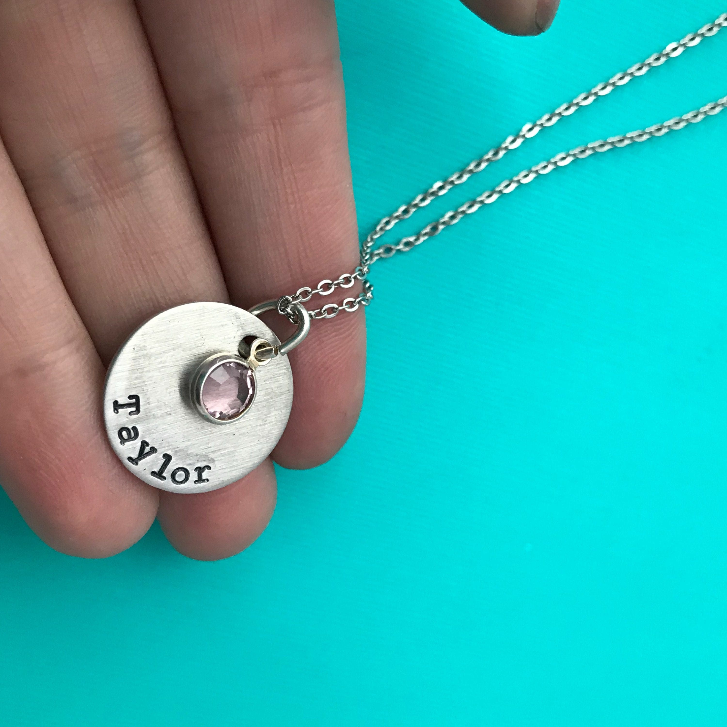 Customizable Silver Disc Necklace With Swarovski Birthstone- Hand Stamped Aluminum Charm -You Choose Font, view 3