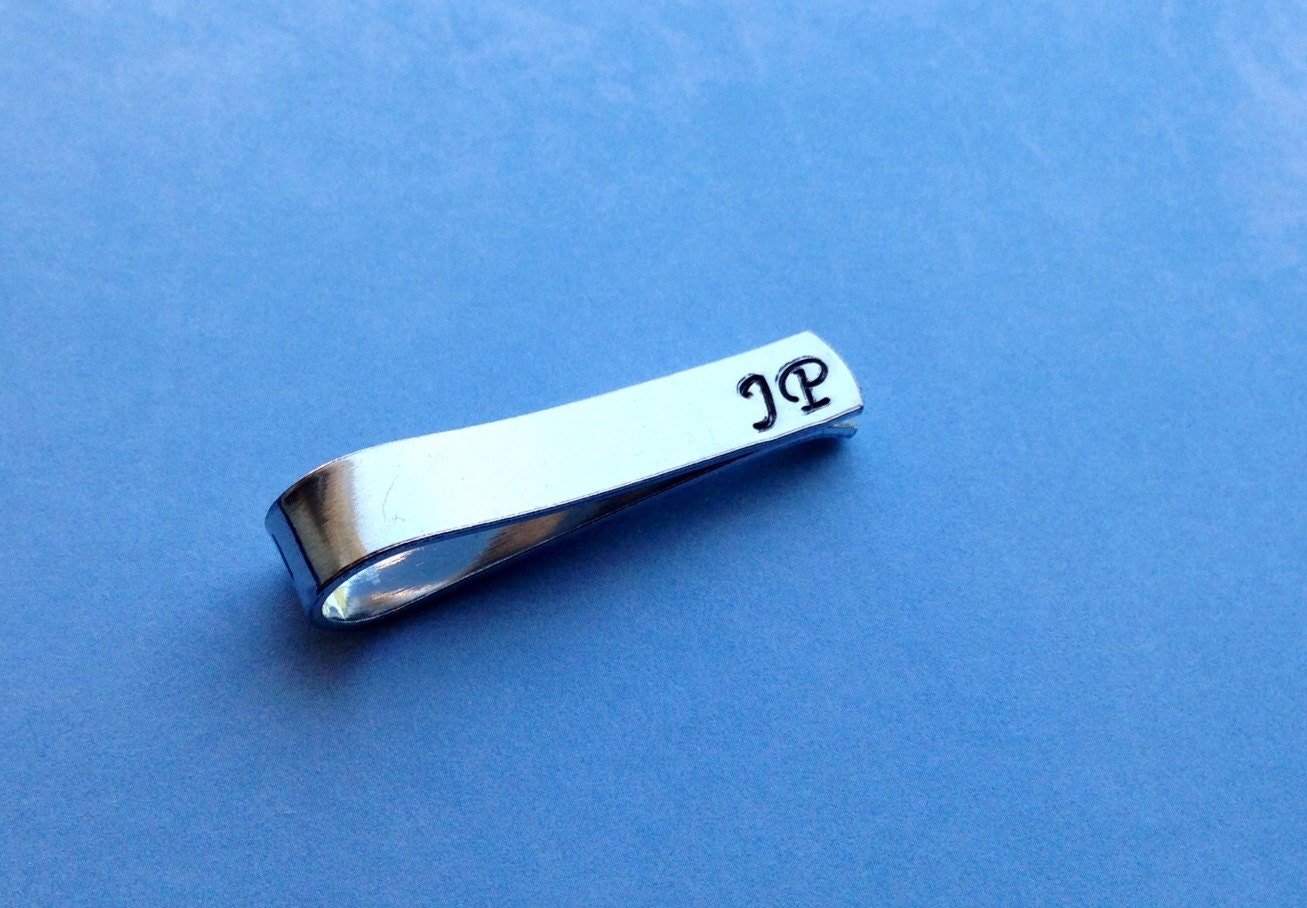 Custom Tiny Tie Bar- Youth or Skinny Tie Size- Hand Stamped Aluminum Wedding Gift- Choose Your Phrase & Font, view 2