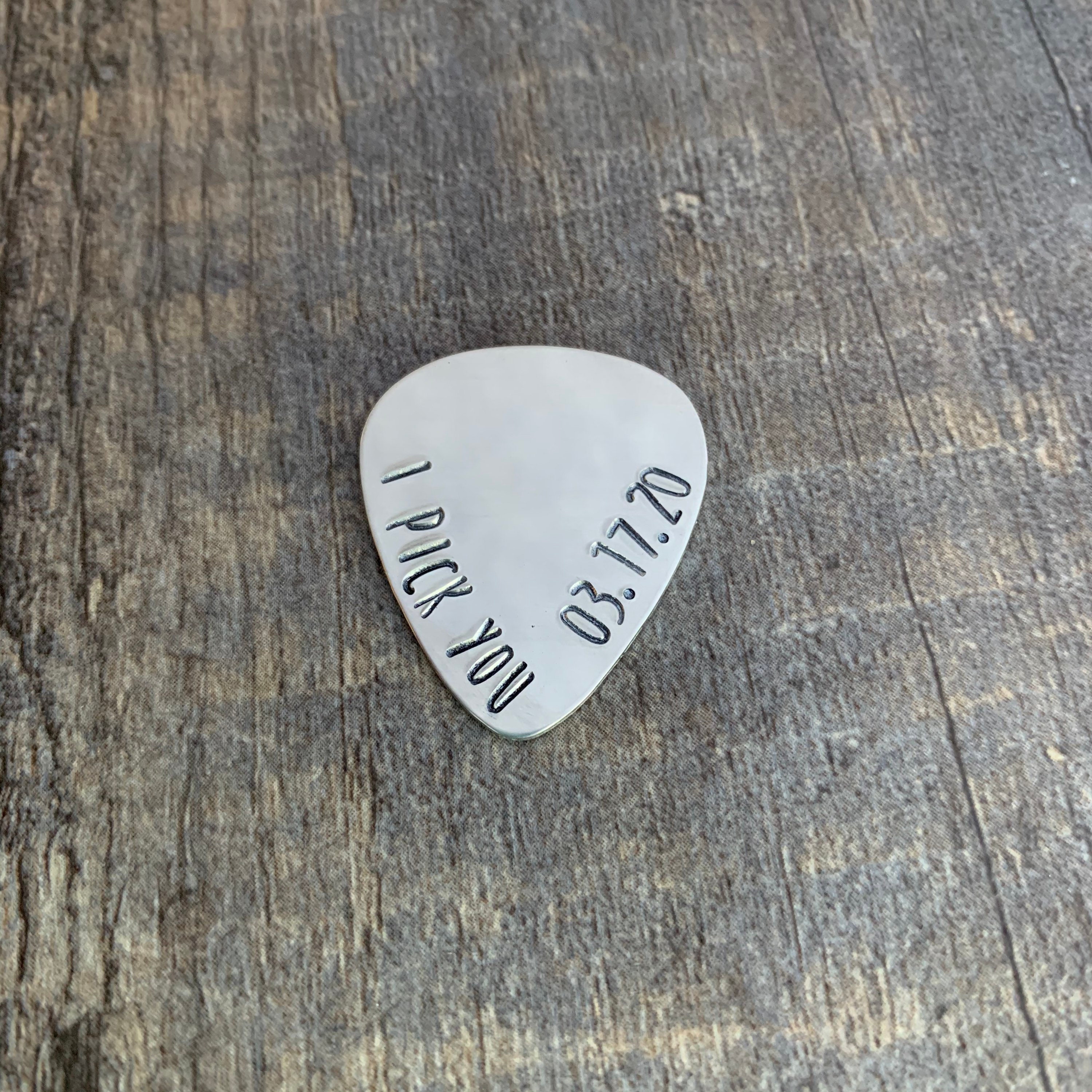 I Pick You Anniversary Date Hand Stamped Guitar Pick- Pick Your Own Font- In Brass, Copper, or Aluminum, view 2