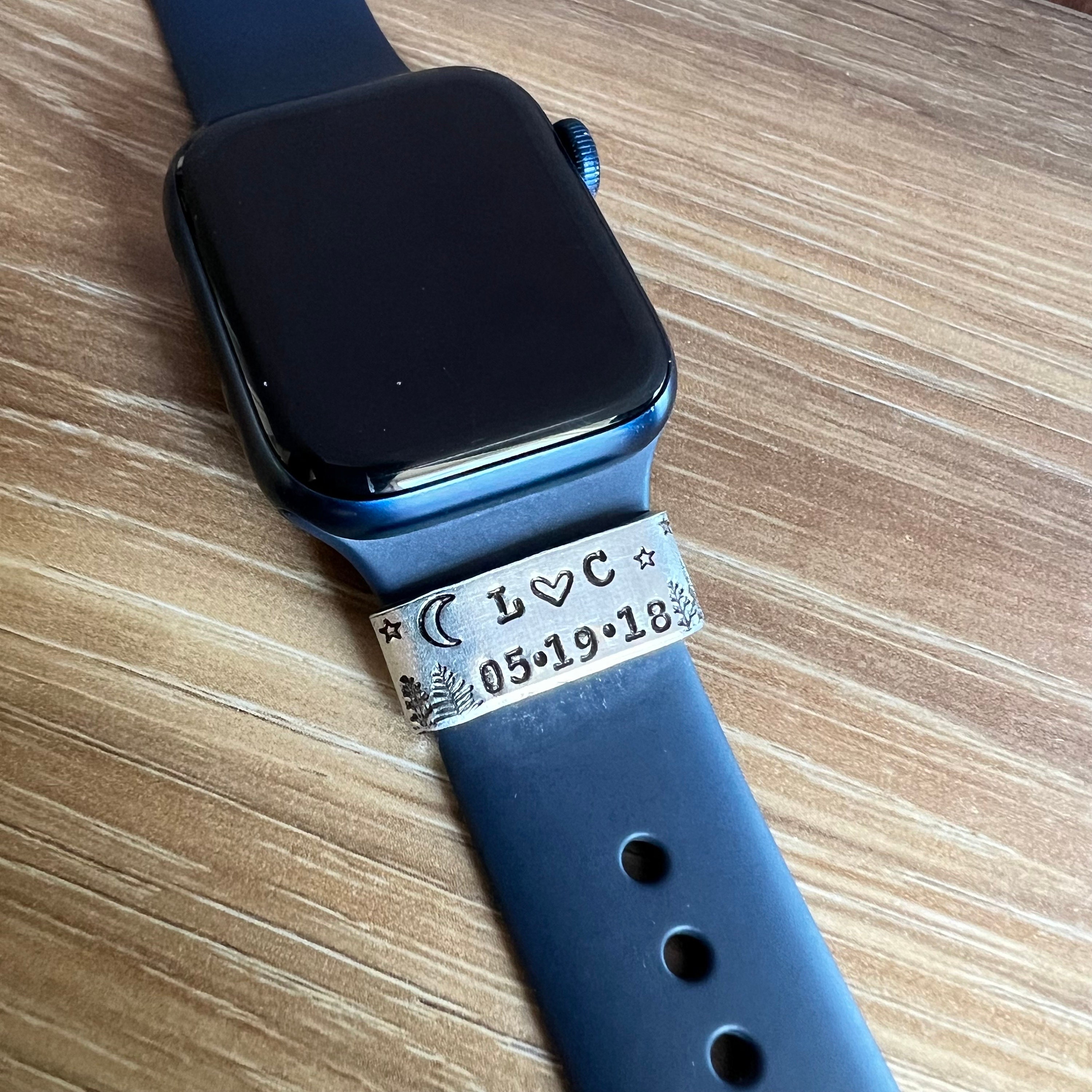 Custom Silver Watch Band Charm Tag -Personalized Hand Stamped Smart Watch Band Charm or Tag- Anniversary Gift, Gift for Her, Coordinates, view 3