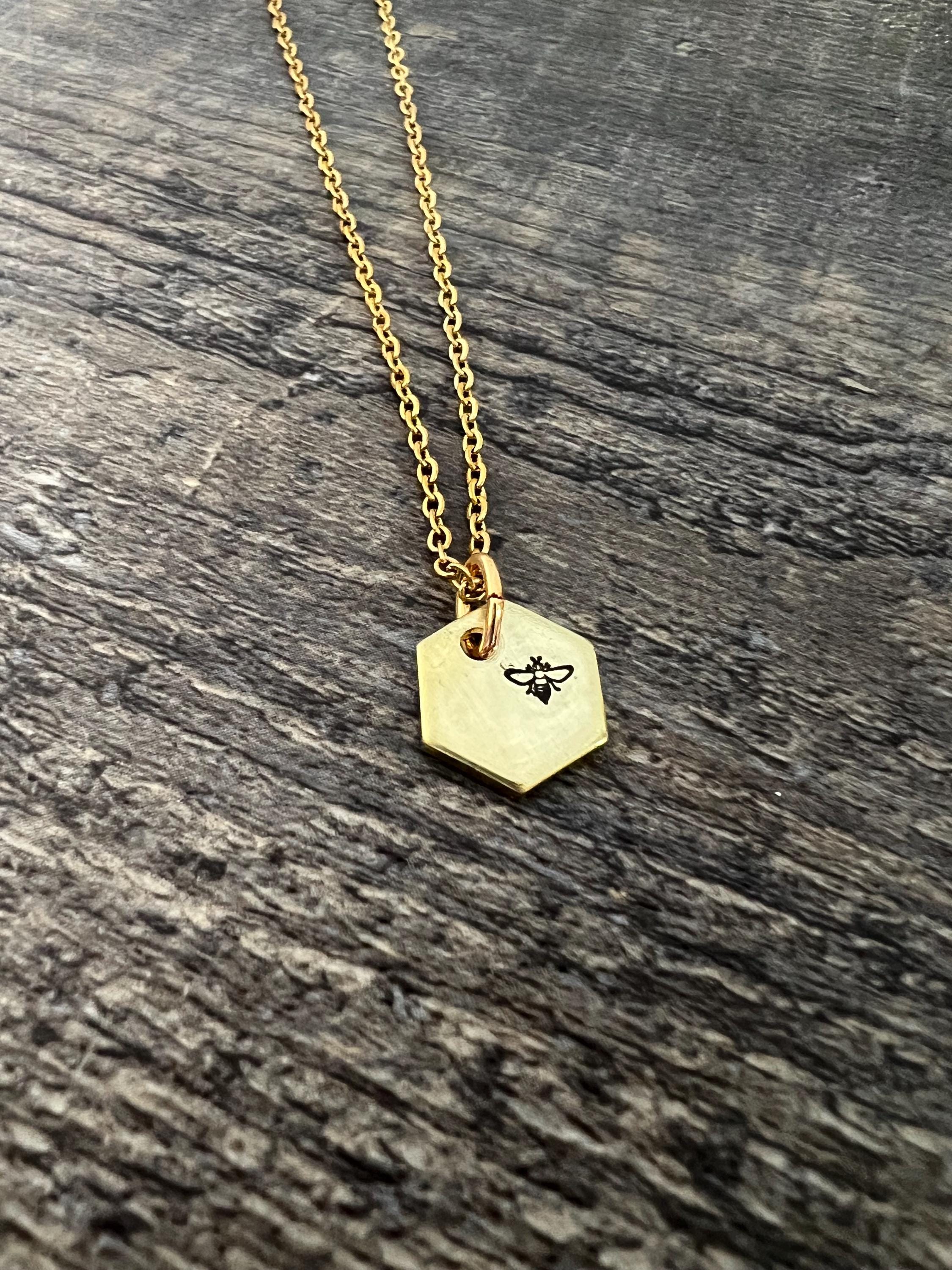 Gold Bee Honeycomb Charm Necklace- Hand Stamped