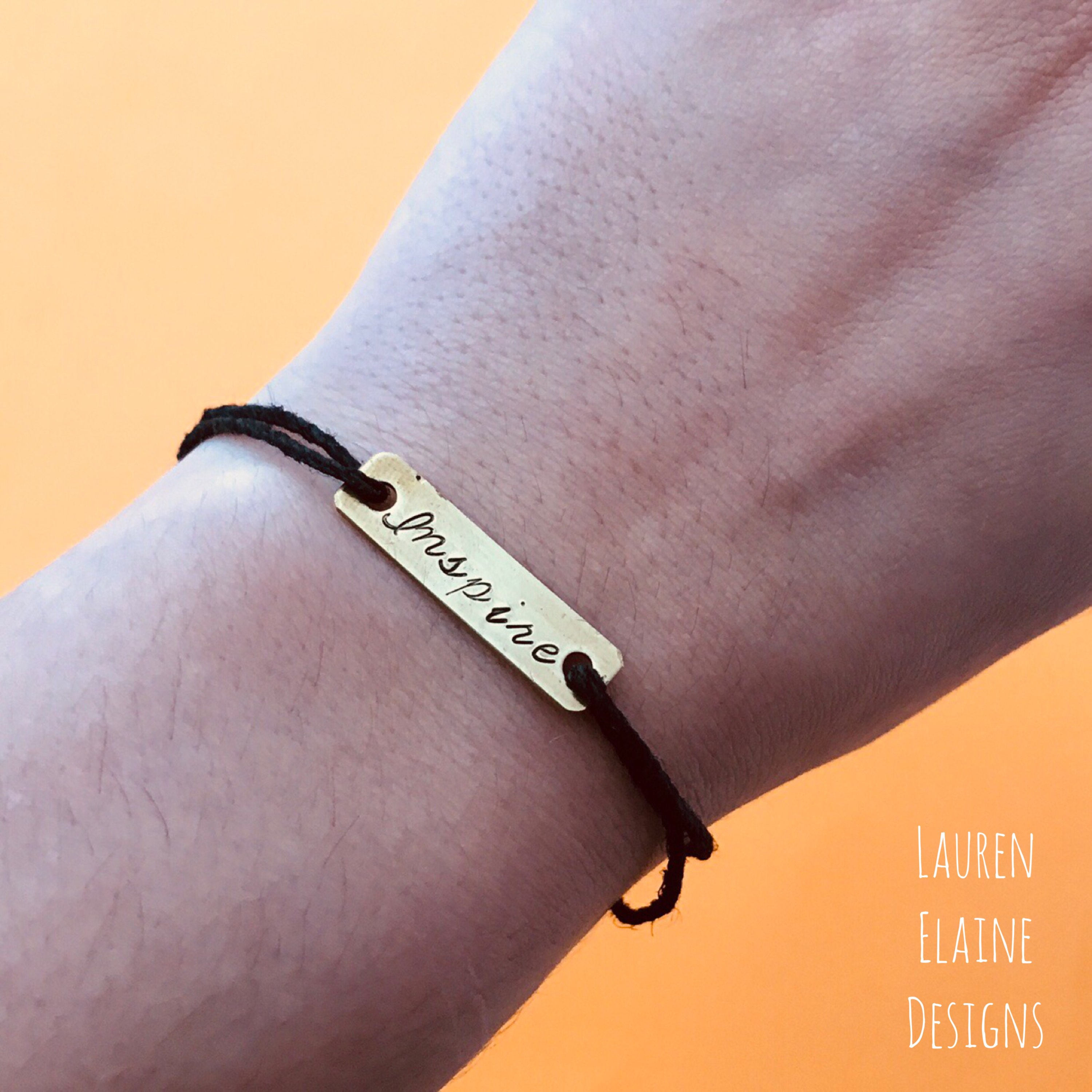 Custom Hand Stamped Brass Rectangle Charm Hemp Bracelet- (Pick your own Color and Phrase), view 2