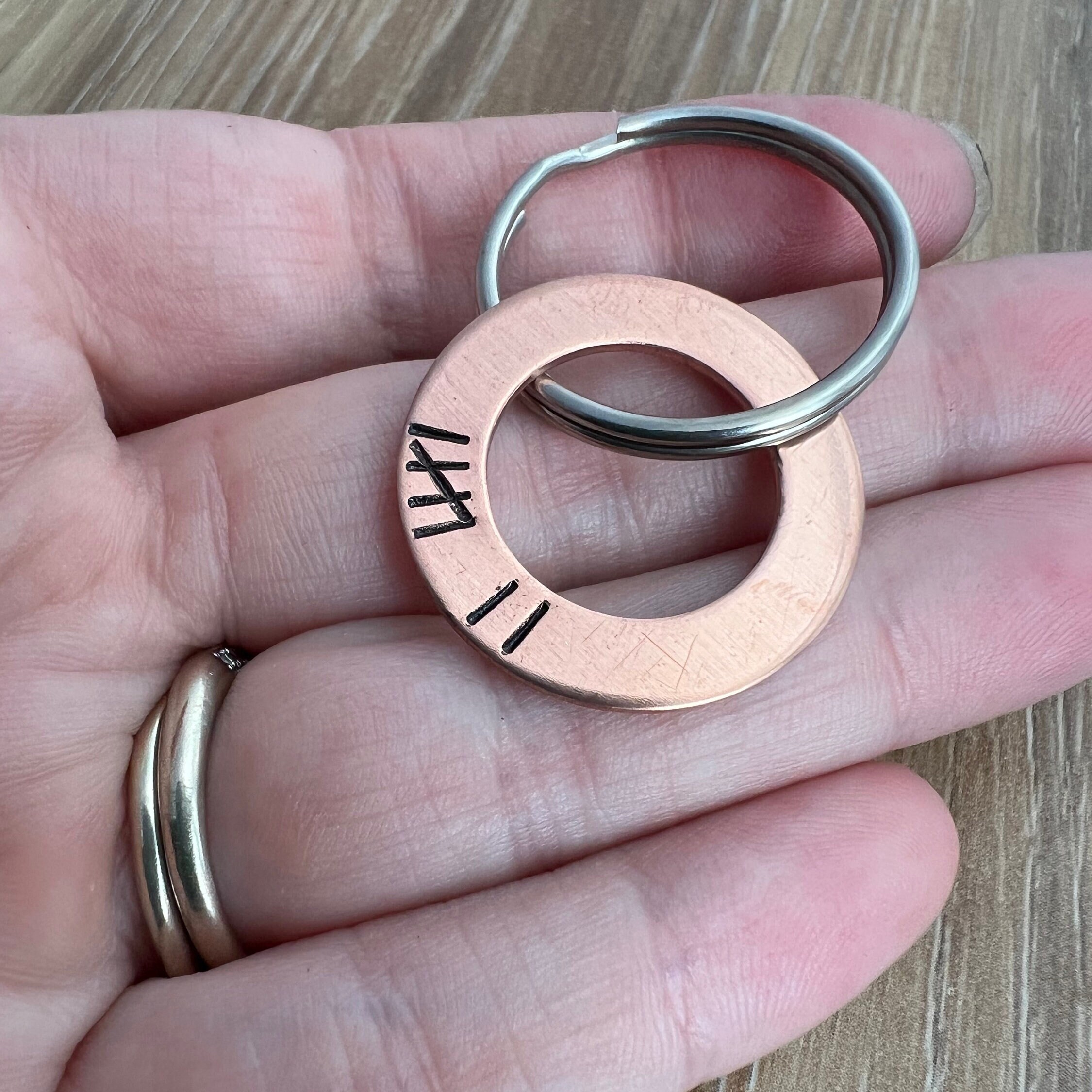 Hand Stamped Copper 7 Year Anniversary Keychain: Tally Mark Gift, view 2