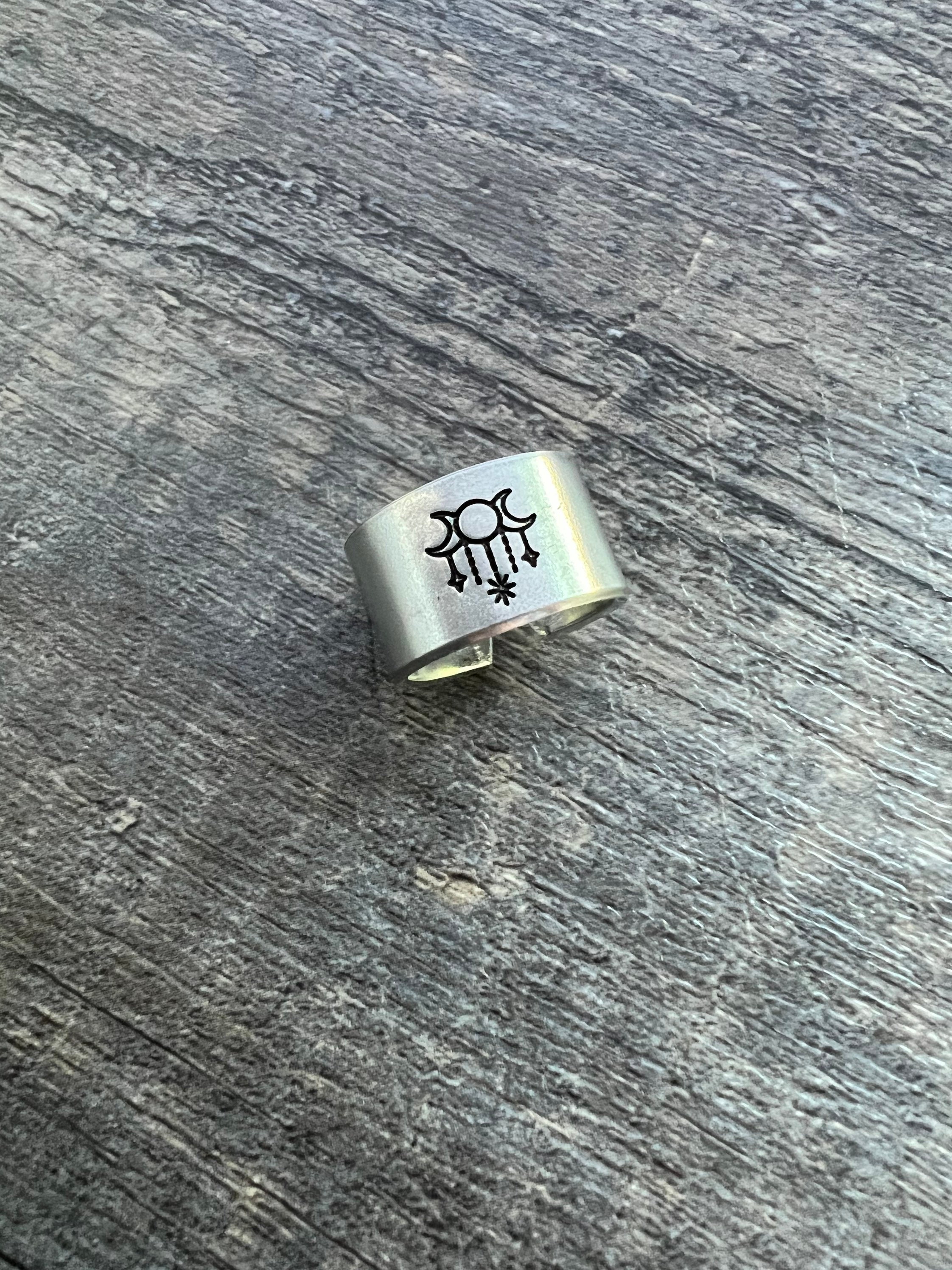 Triple Goddess Moon Phase Ring- Hand Stamped Aluminum Ring, view 2