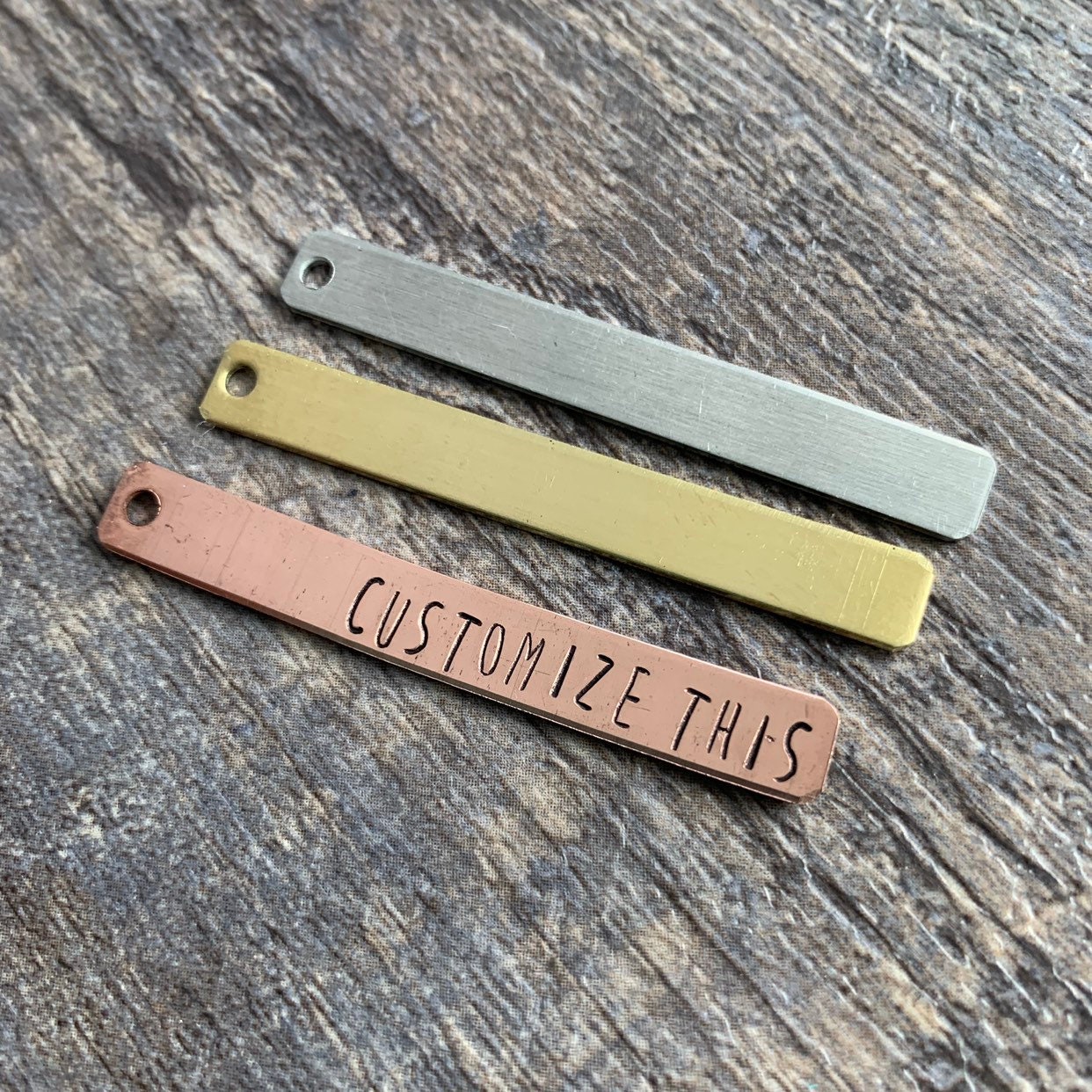 Custom Hand Stamped Charm: Brass, Aluminum, or Copper Tag (2" x 1/4")