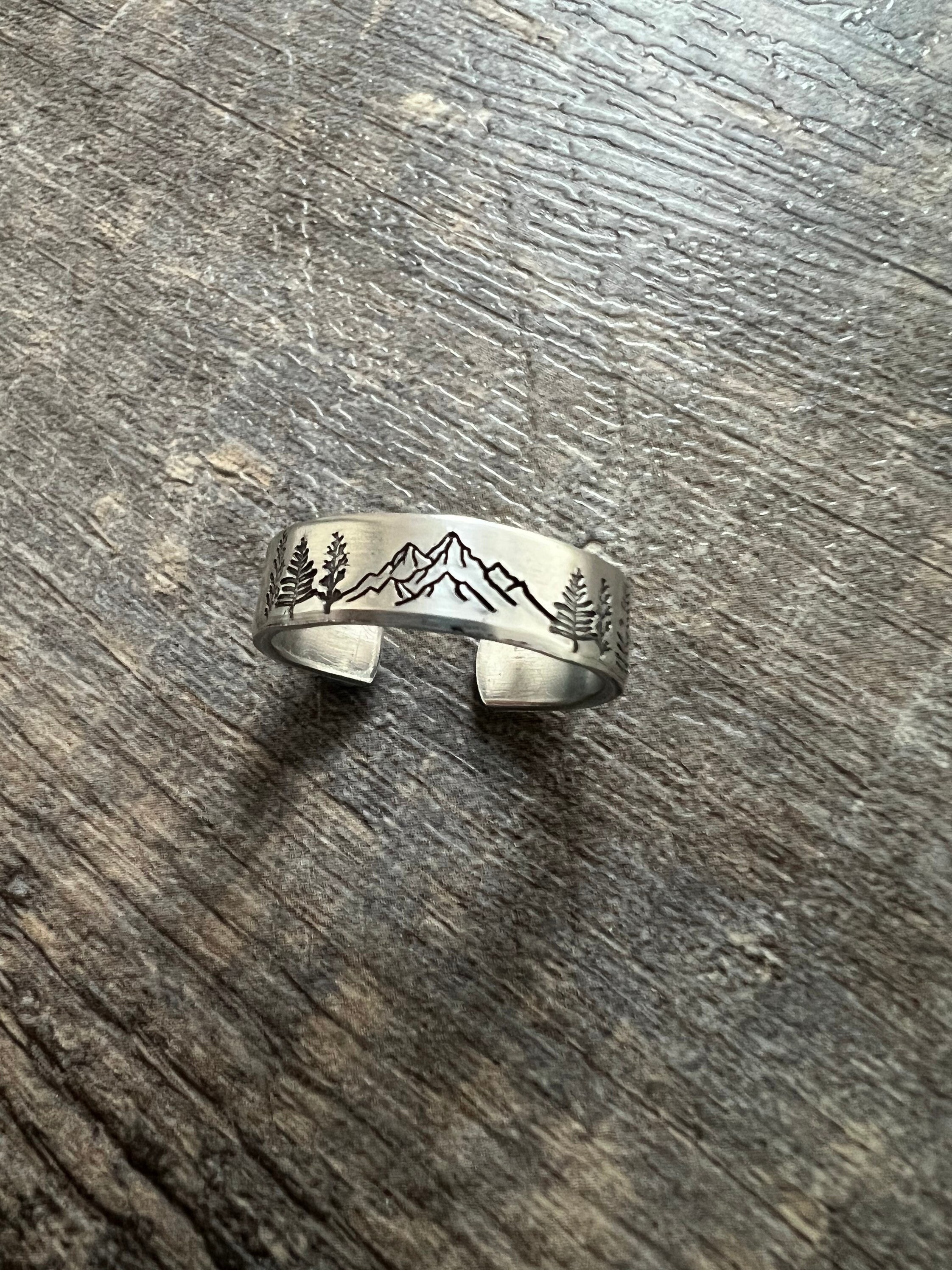 Mountain and Forest Ring- Hand Stamped Aluminum Ring, view 2