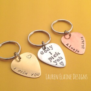 Custom Hand Stamped Guitar Pick Keychains You Personalize In Aluminum, Brass, and Copper image 2