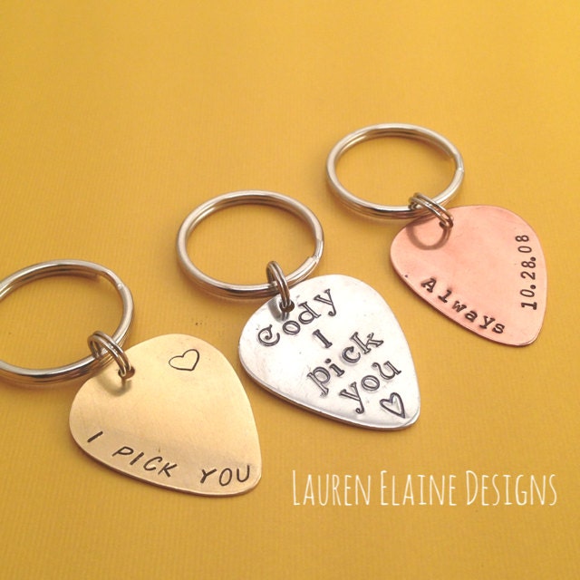 Custom Hand Stamped Guitar Pick Keychains- You Personalize- In Aluminum, Brass, and Copper, view 2
