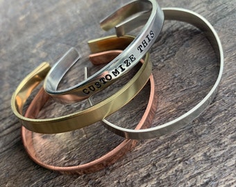 Custom Hand Stamped Cuff Bracelet- Aluminum, Sterling Silver, Copper or Brass