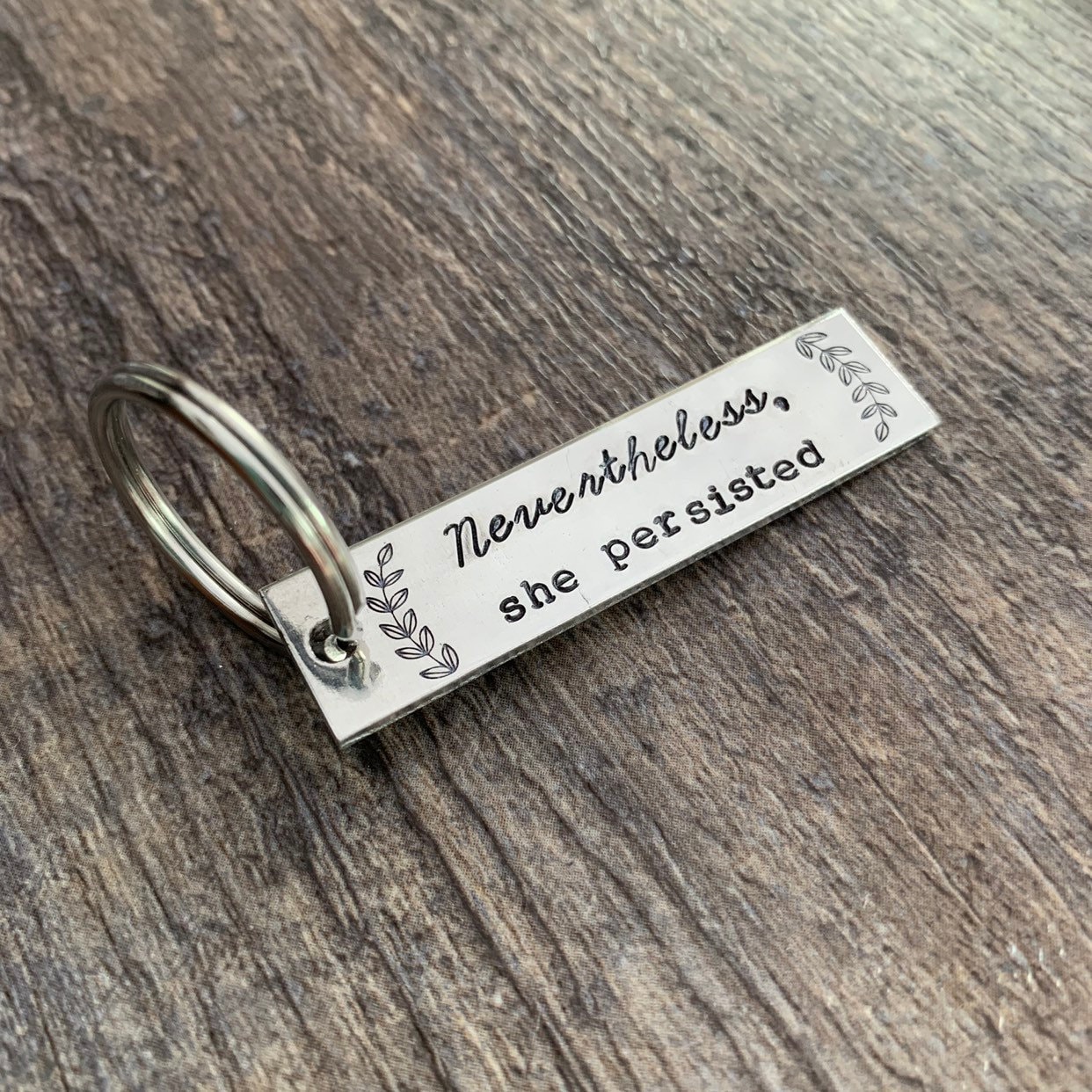 Nevertheless, She Persisted Hand Stamped Aluminum Keychain with Curved Branches